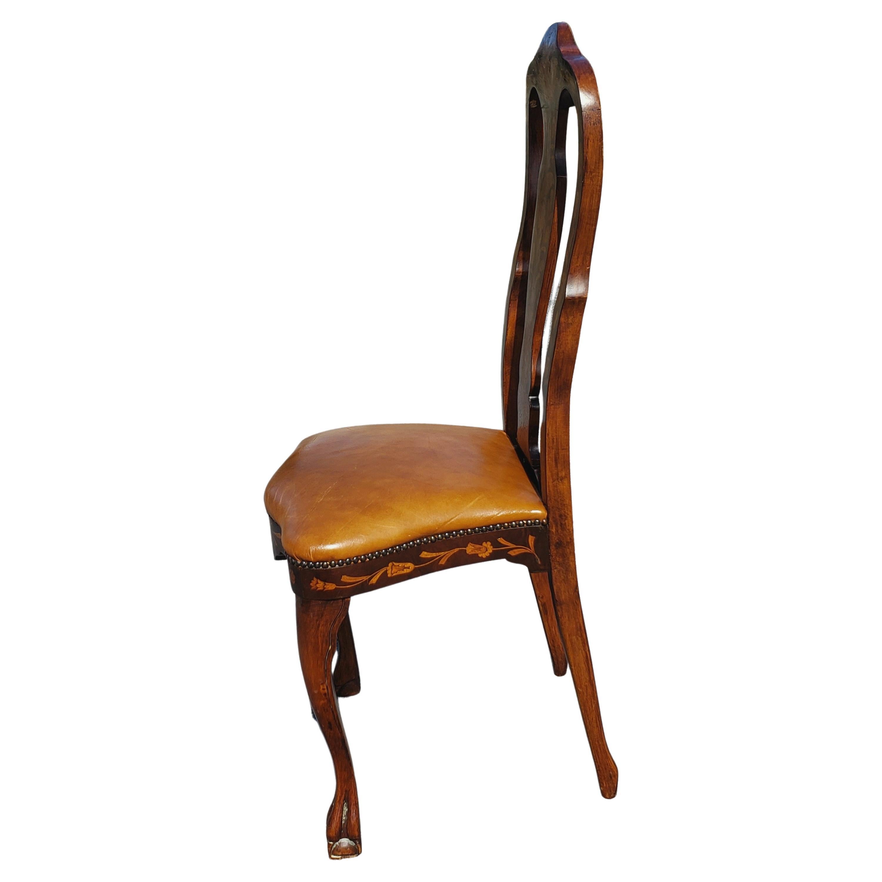 Set of 4 Dutch Marquetry Mahogany Satinwood and Leather Seat Dining Chairs For Sale 4
