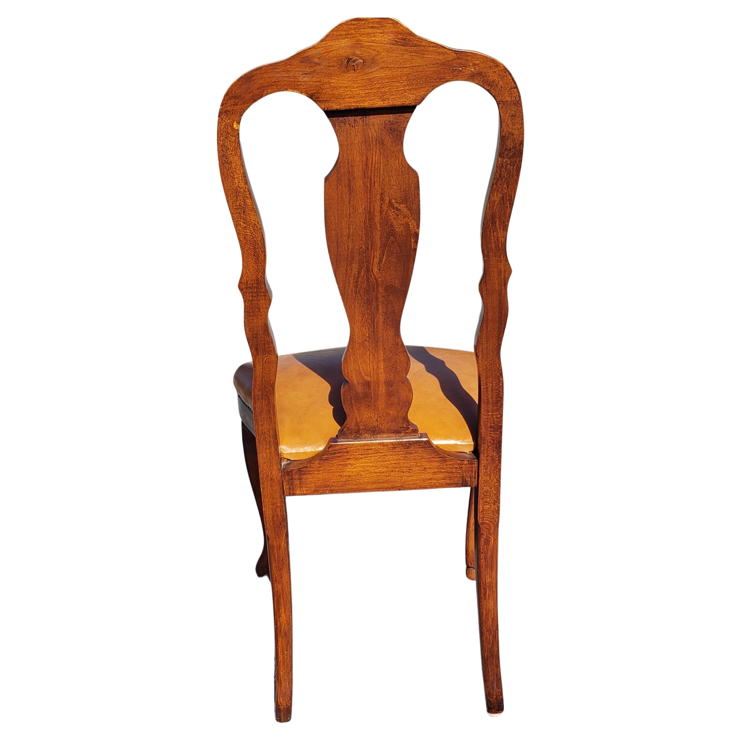 Set of 4 Dutch Marquetry Mahogany Satinwood and Leather Seat Dining Chairs For Sale 5