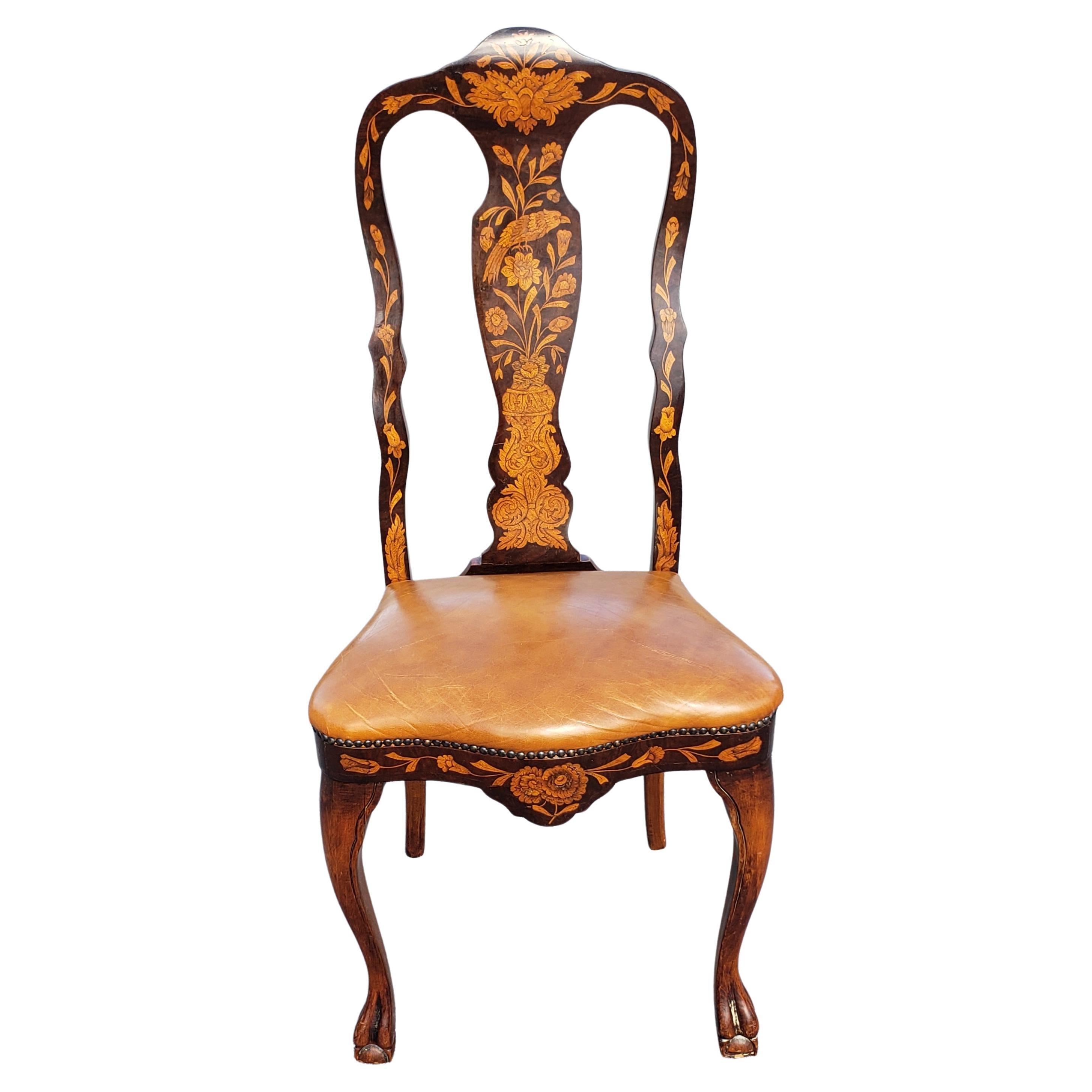 Set of 4 Dutch Marquetry Mahogany Satinwood and Leather Seat Dining Chairs For Sale 6