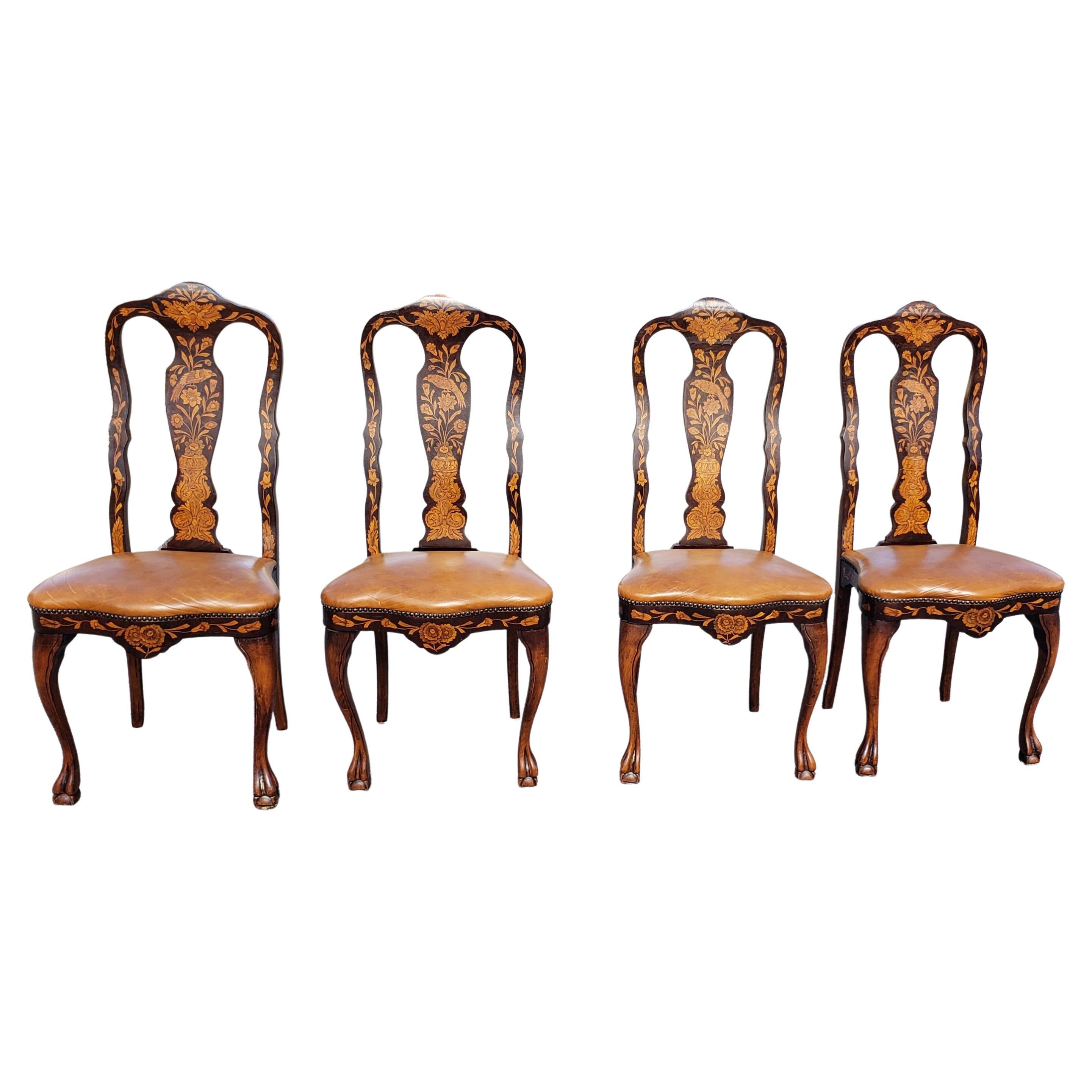 Set of 4 Dutch Marquetry Mahogany Satinwood and Leather Seat Dining Chairs For Sale 7