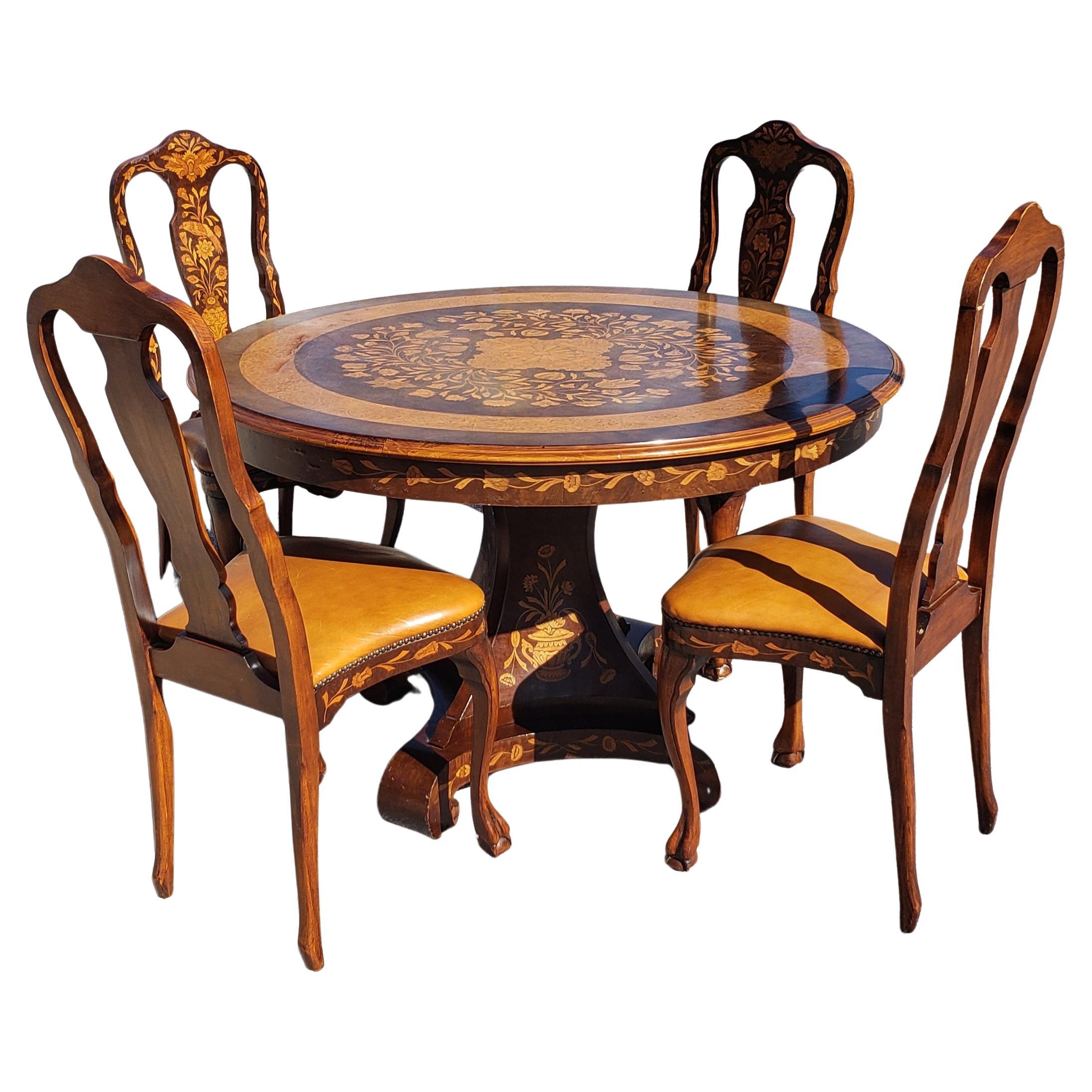 Set of 4 Dutch Marquetry Mahogany Satinwood and Leather Seat Dining Chairs For Sale 9
