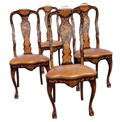 Set of 4 Dutch Marquetry Mahogany Satinwood and Leather Seat Dining Chairs