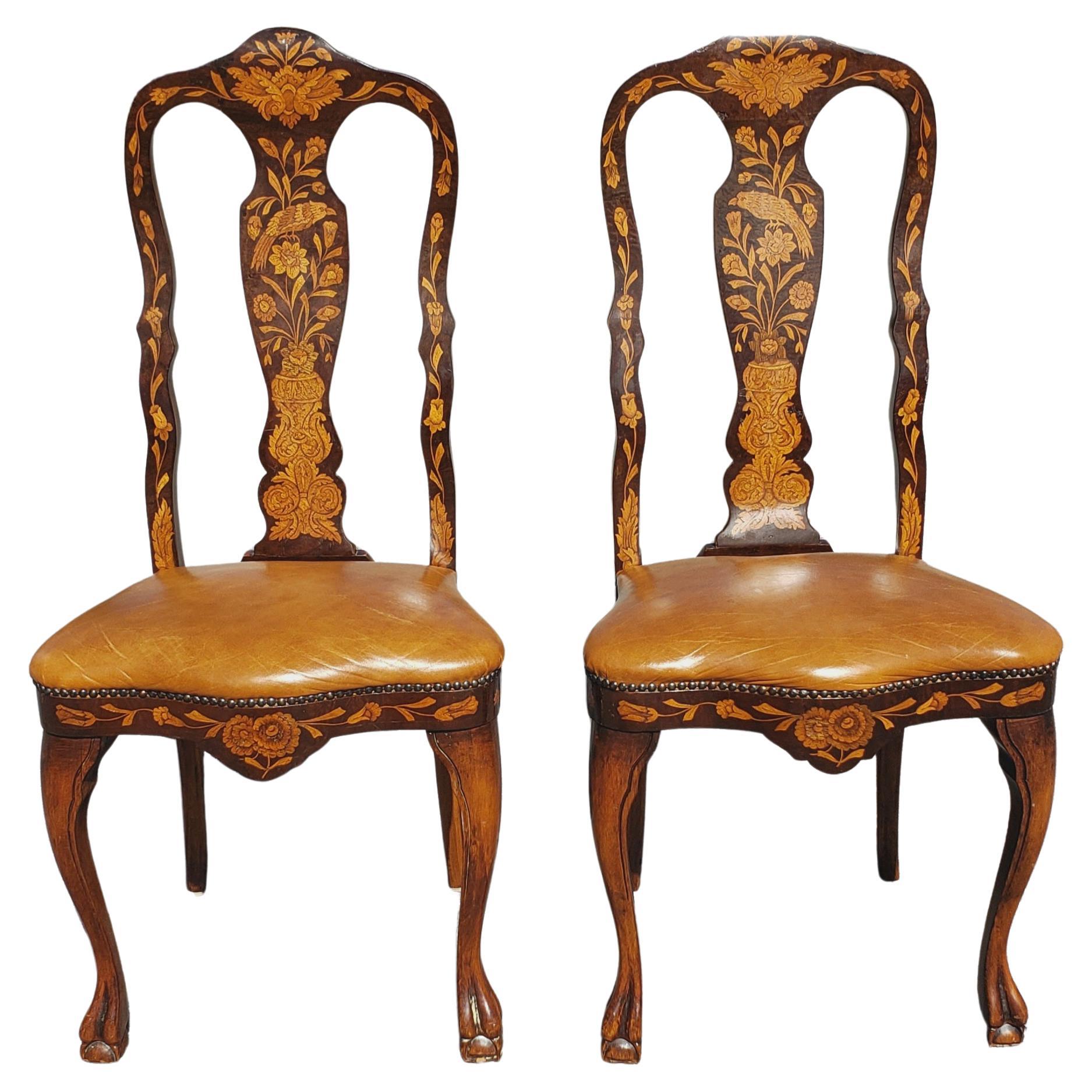 Rococo Revival Set of 4 Dutch Marquetry Mahogany Satinwood and Leather Seat Dining Chairs For Sale