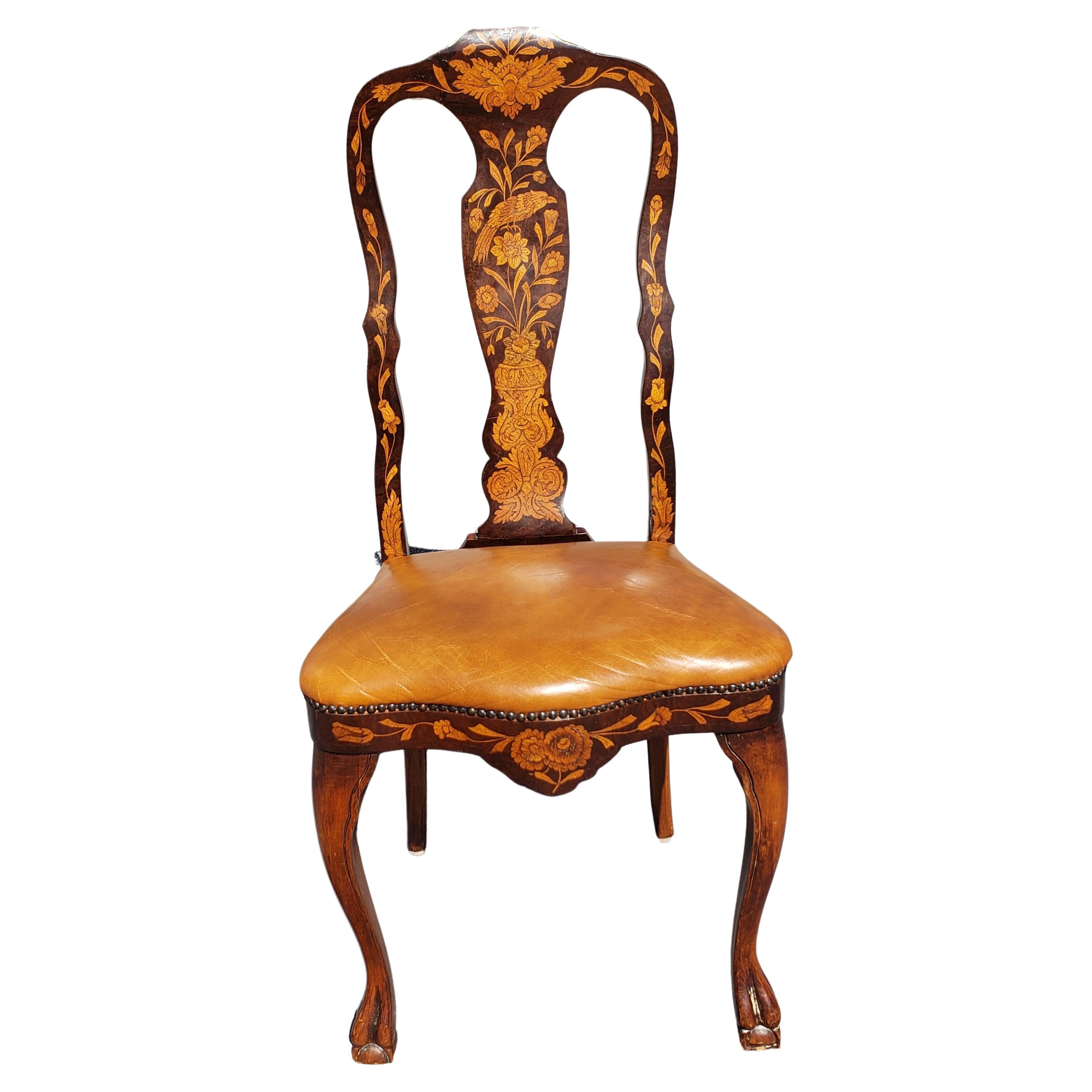 Set of 4 Dutch Marquetry Mahogany Satinwood and Leather Seat Dining Chairs In Good Condition For Sale In Germantown, MD