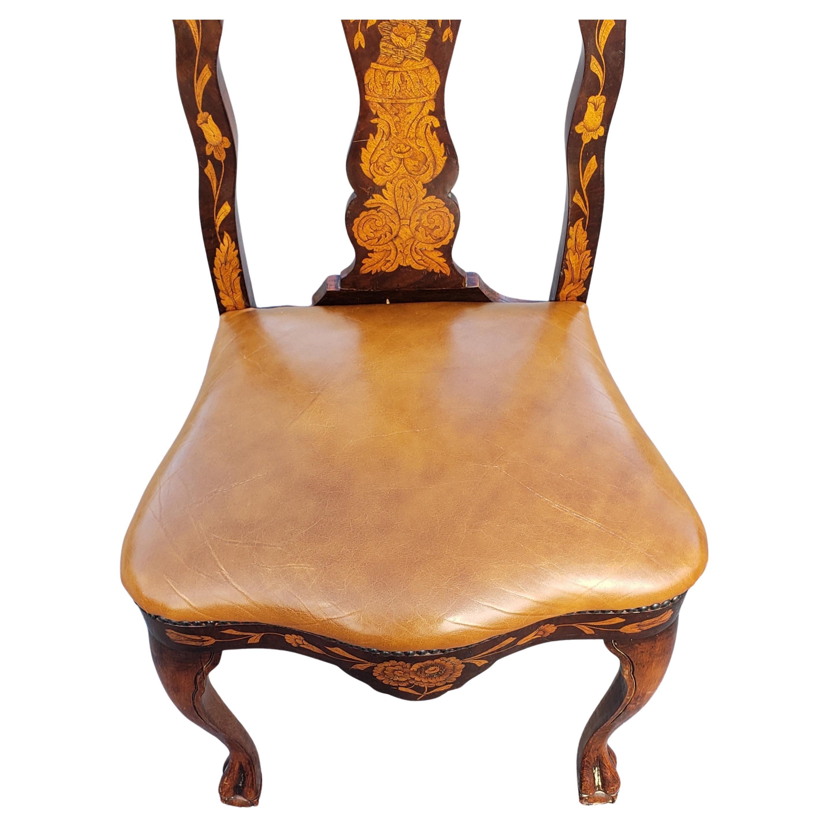 19th Century Set of 4 Dutch Marquetry Mahogany Satinwood and Leather Seat Dining Chairs For Sale