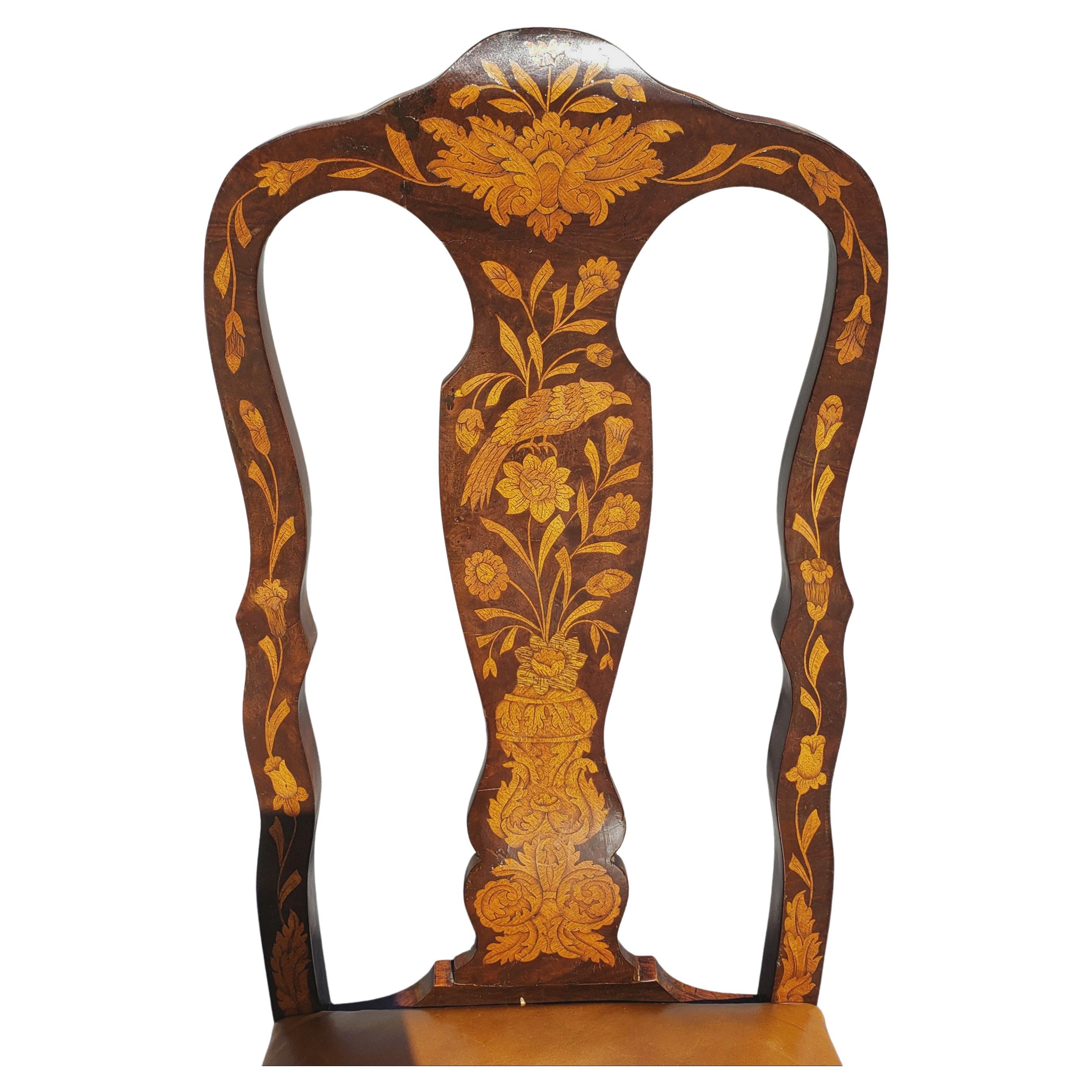 Set of 4 Dutch Marquetry Mahogany Satinwood and Leather Seat Dining Chairs For Sale 1