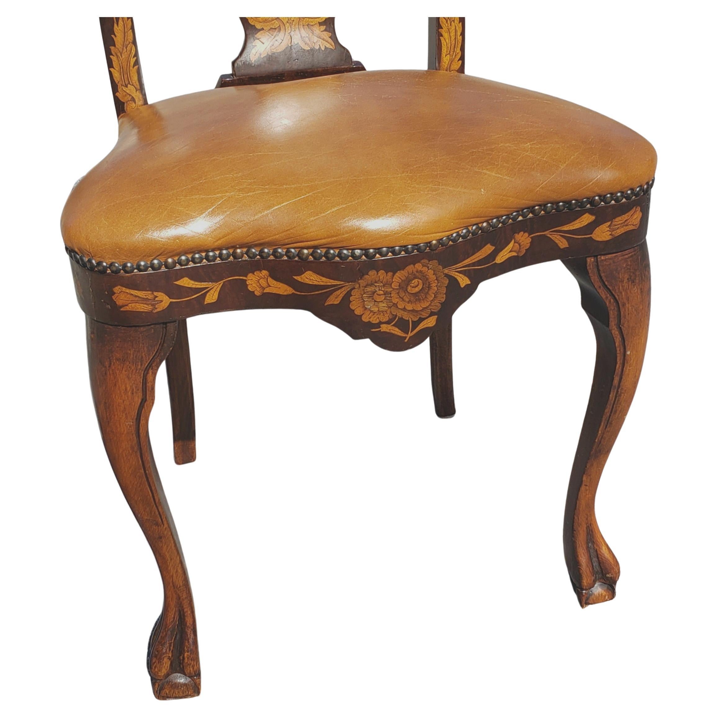 Set of 4 Dutch Marquetry Mahogany Satinwood and Leather Seat Dining Chairs For Sale 2