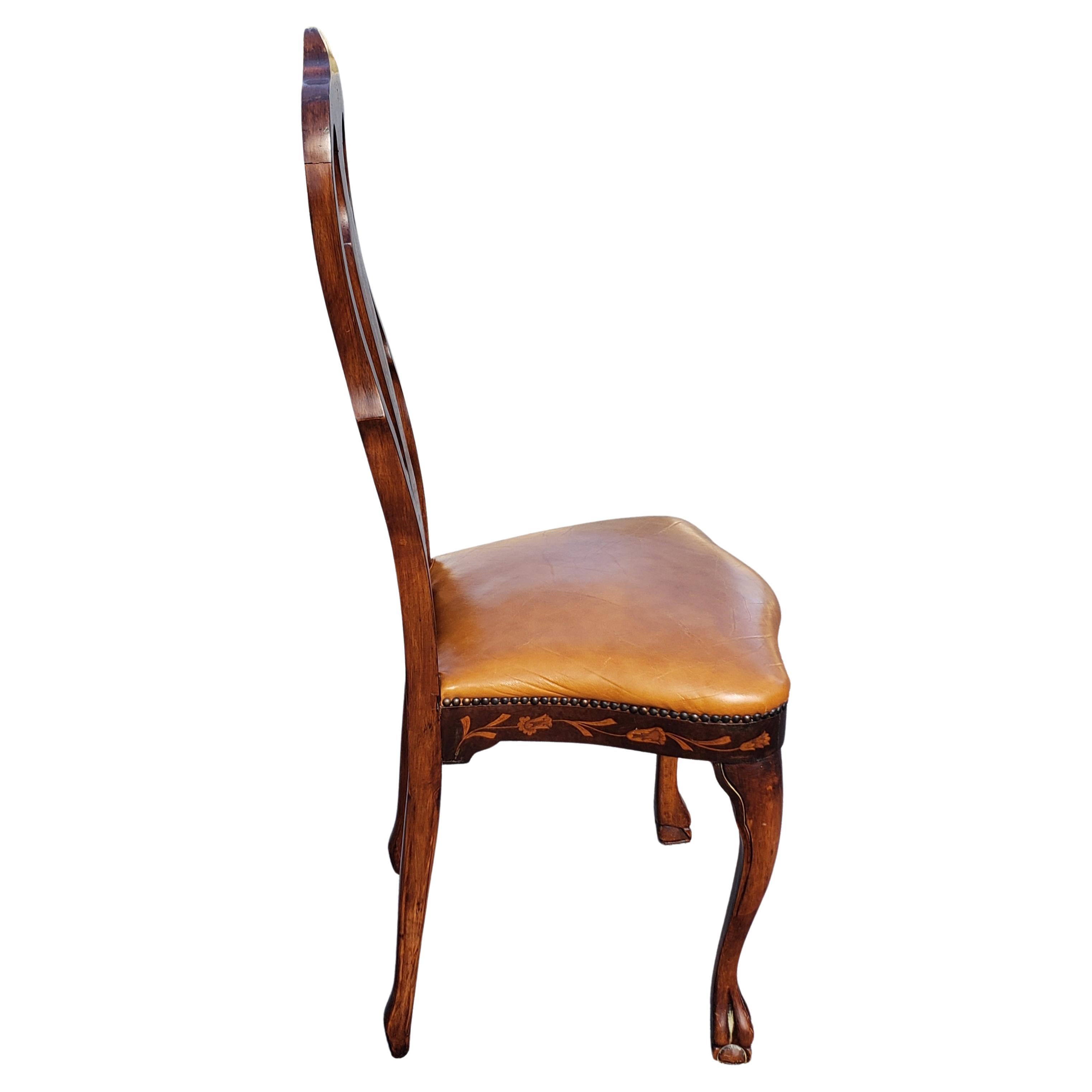 Set of 4 Dutch Marquetry Mahogany Satinwood and Leather Seat Dining Chairs For Sale 3