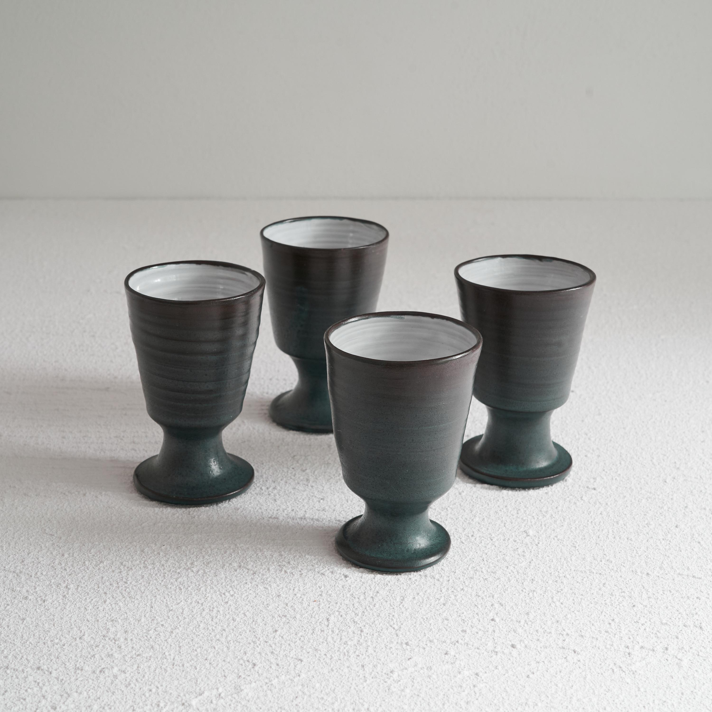 Hand-Crafted Set of 4 Dutch Mid Century Studio Pottery Goblets For Sale