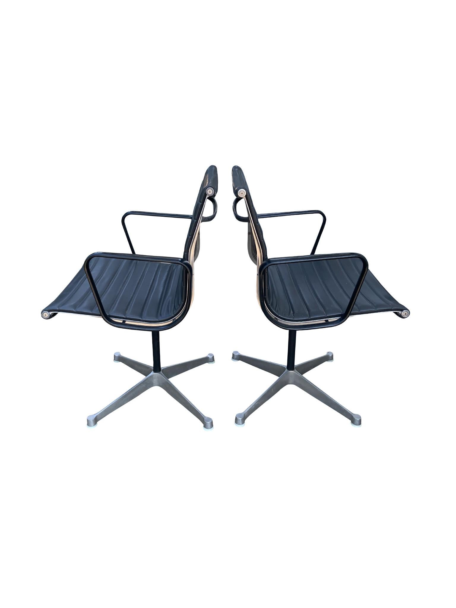American Set of 4 Eames Aluminum Group Black Leather Arm Chairs for Herman Miller
