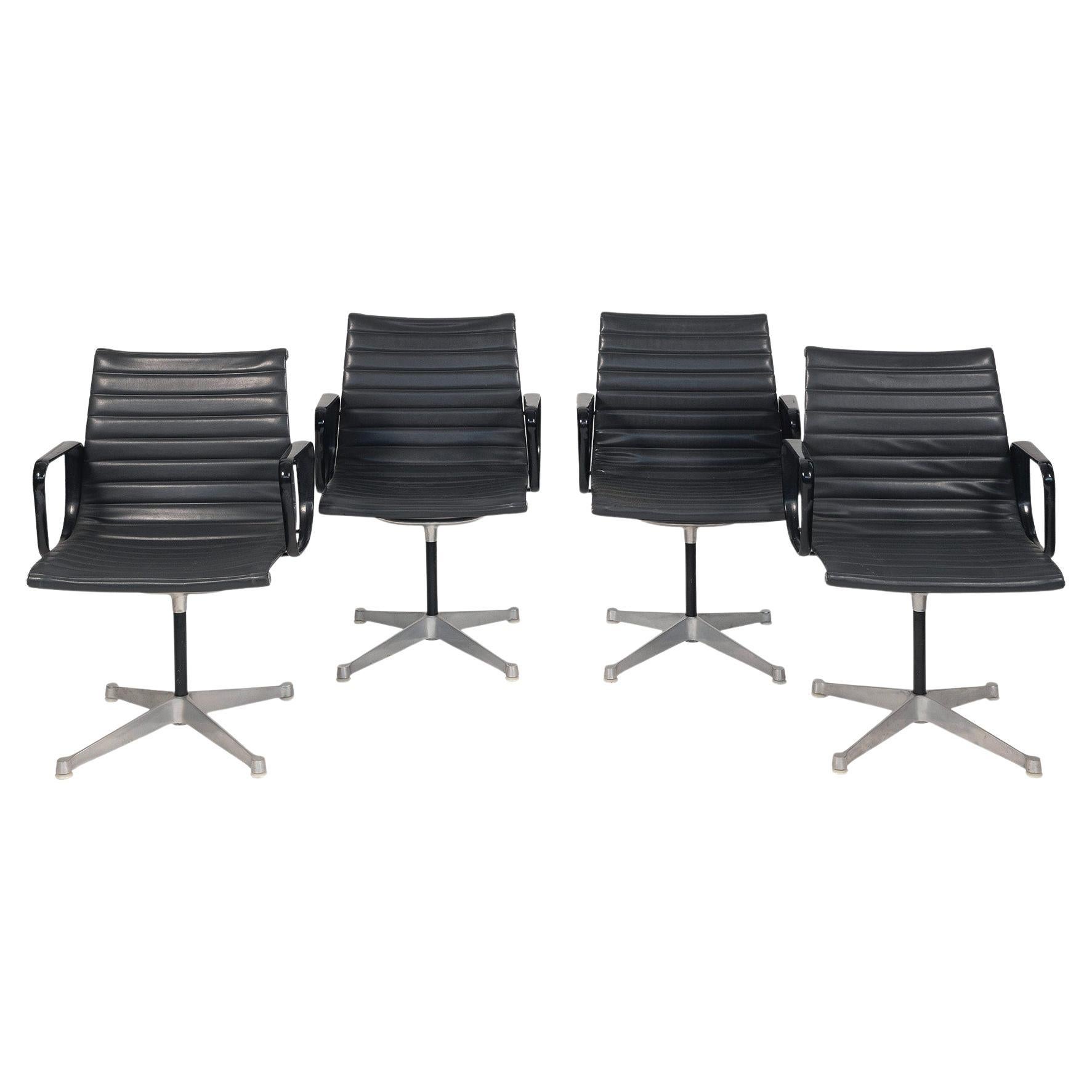 Set of 4 Eames Aluminum Group Black Leather Arm Chairs for Herman Miller