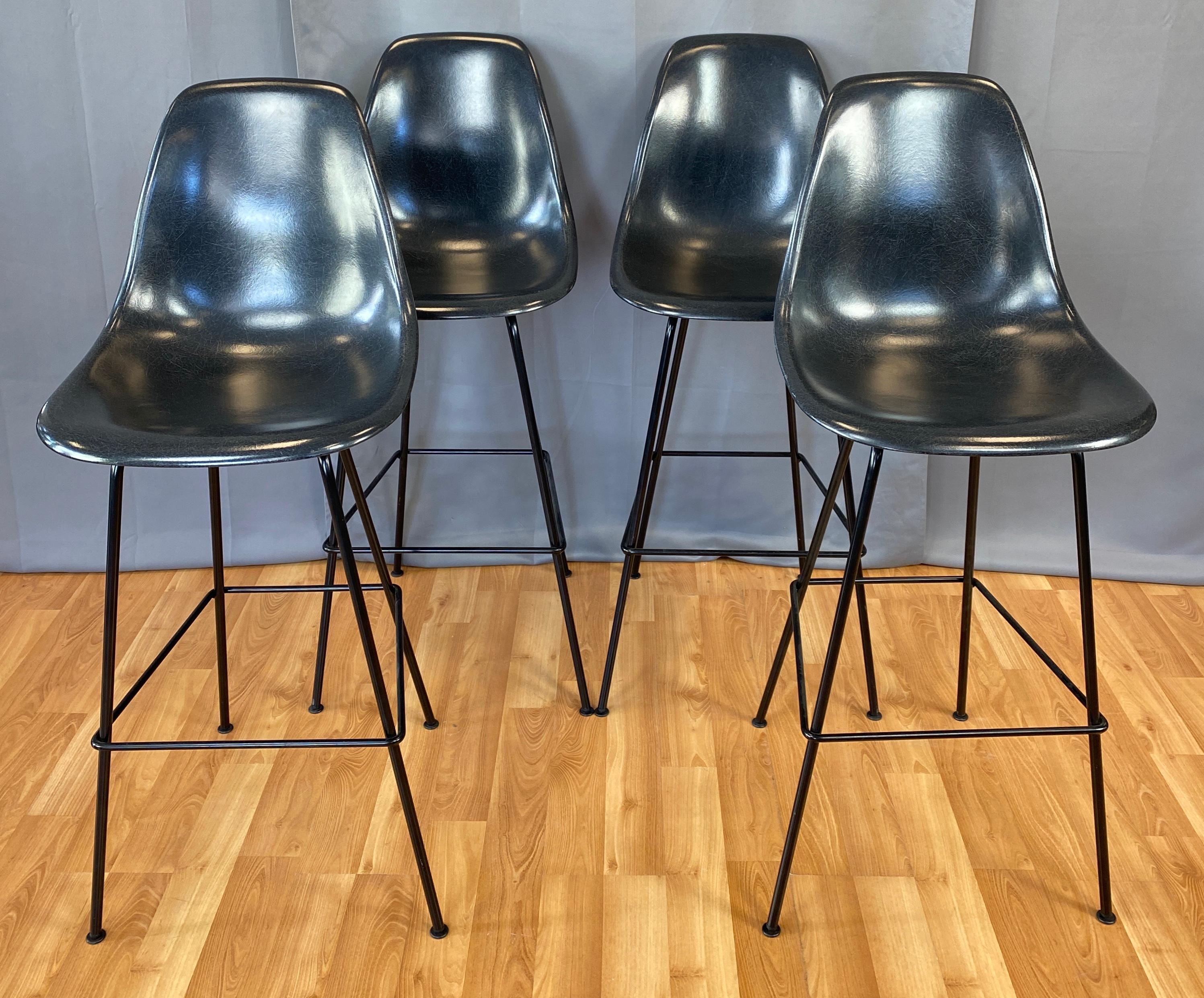 Set of 4 Eames for Herman Miller Dark Grey Molded Fiberglass Bar Stools 7