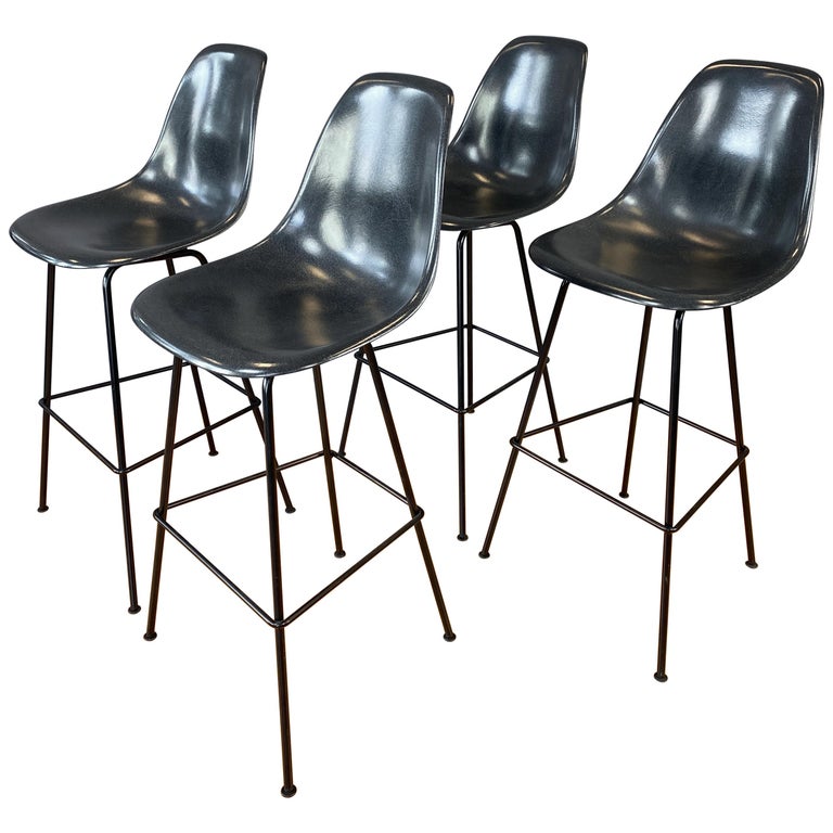 Set of 4 Eames for Herman Miller Dark Grey Molded Fiberglass Bar Stools For Sale