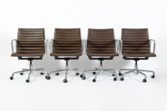 Set of 4 Eames Herman Miller Office Chairs Brown Leather Thin Pad Aluminum Group