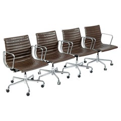 Set of 4 Eames Herman Miller Office Chairs Brown Leather Thin Pad Aluminum Group