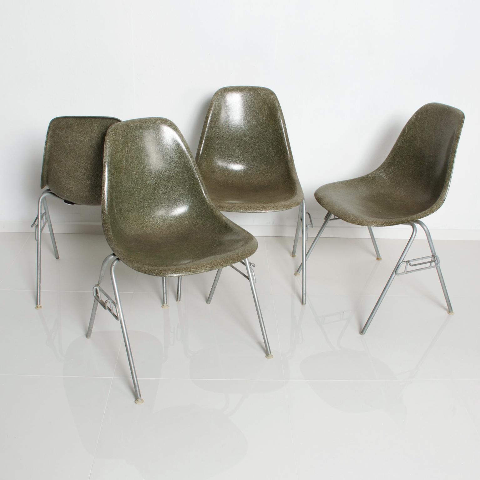 Mid-Century Modern Set of 4 Eames Herman Millers DSS Fiberglass Chairs Rare Olive Color