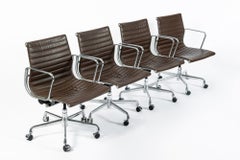 Set of 4 Eames Office Chairs for Herman Miller, Brown Leather Aluminum Group