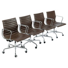 Set of 4 Eames Office Chairs for Herman Miller, Brown Leather Aluminum Group