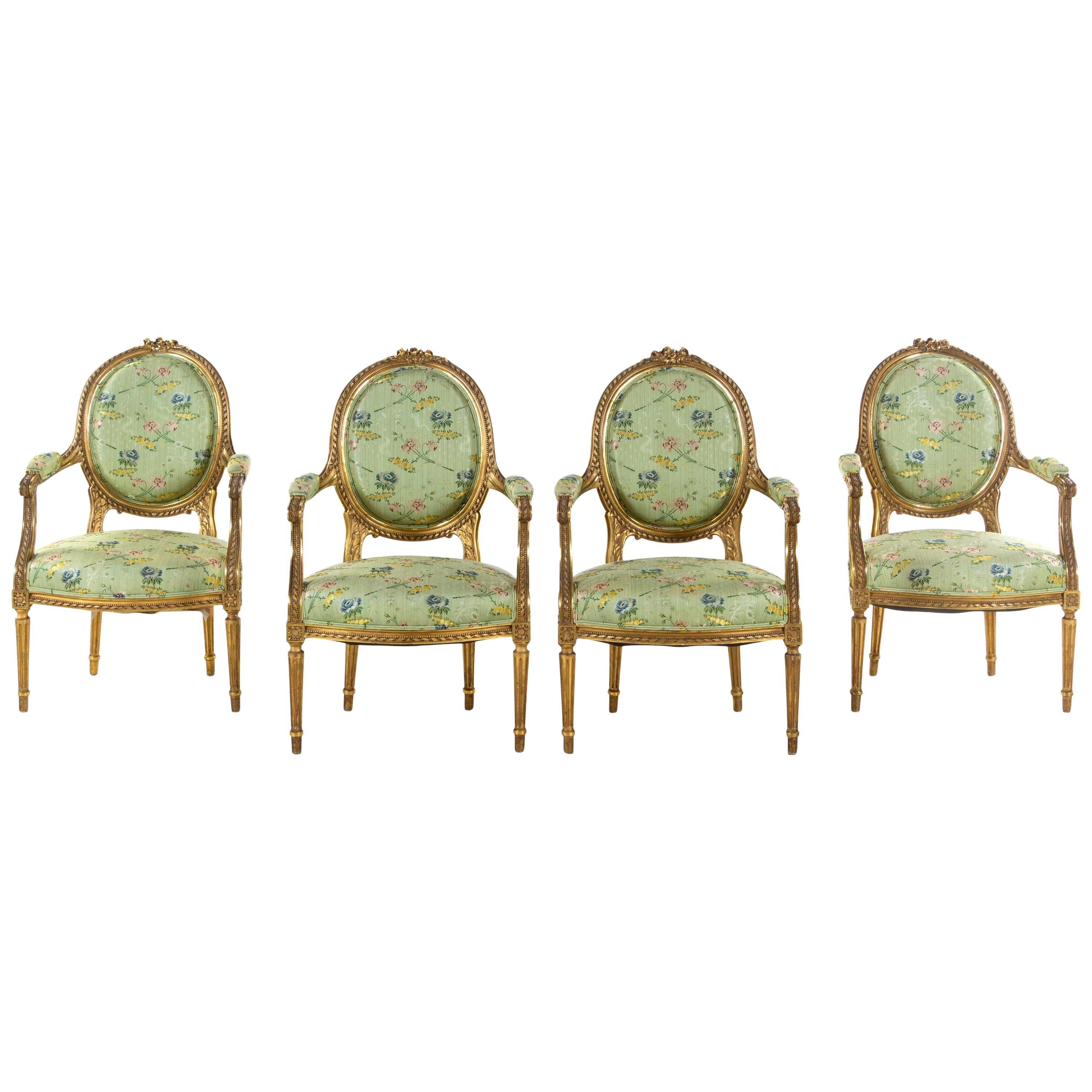 Set of 4 Early 19th Century French Louis XVI Giltwood Oval Back Armchairs