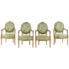 Set of 4 Early 19th Century French Louis XVI Giltwood Oval Back Armchairs