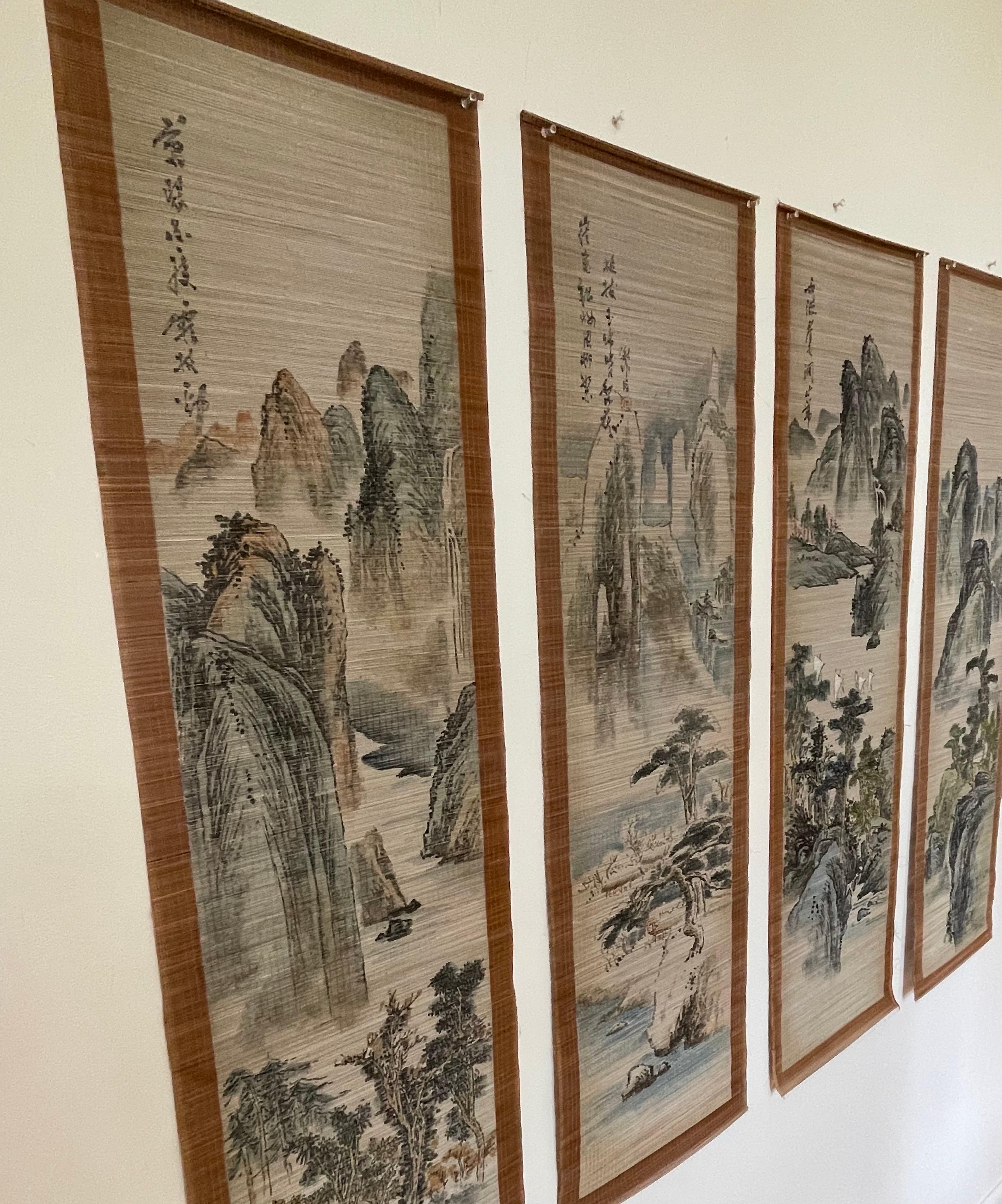Set of 4 Early 20th Century Japanese Hand Painted Split Bamboo Scrolls For Sale 6