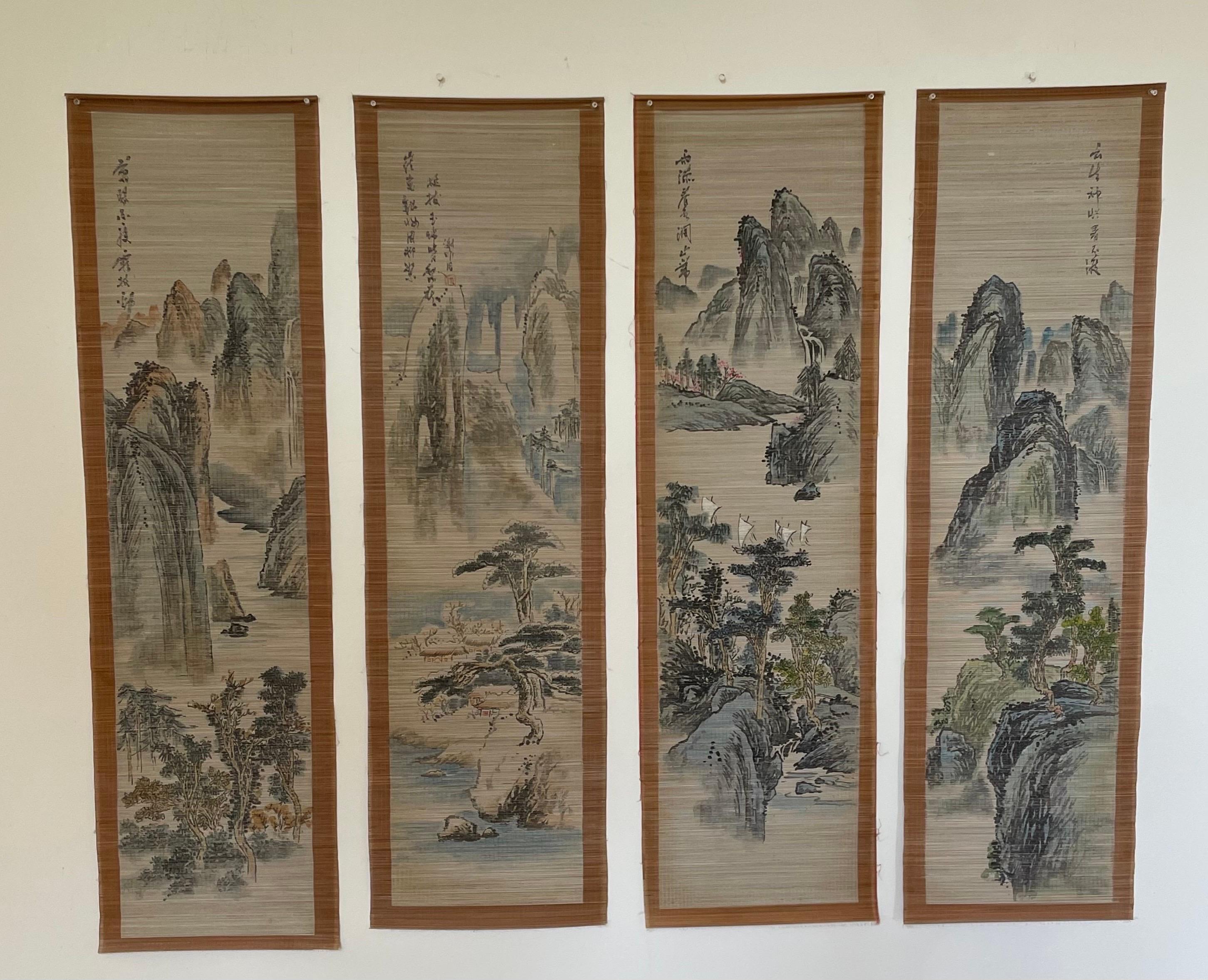 Set of 4 Early 20th Century Japanese Hand Painted Split Bamboo Scrolls For Sale 1