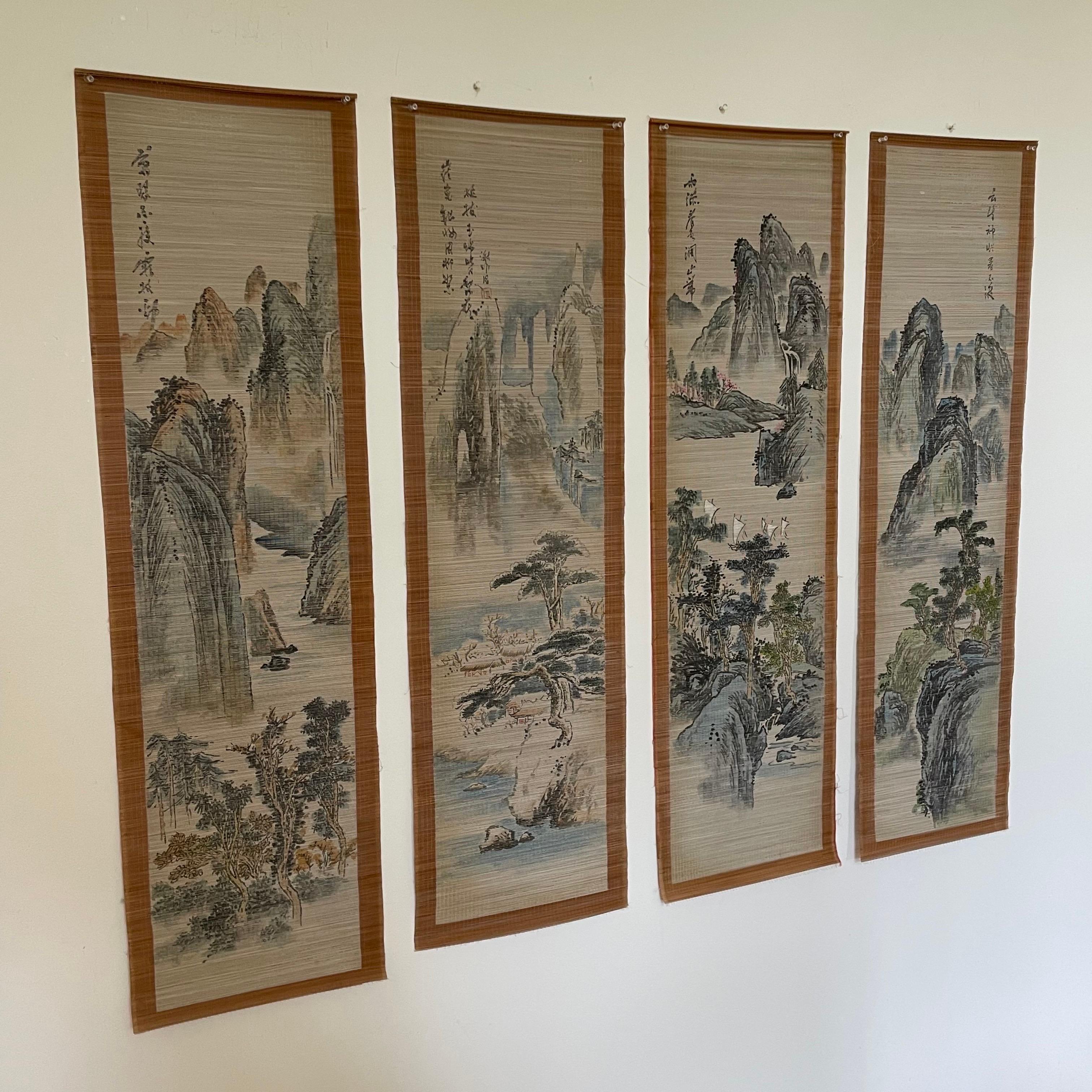 Set of 4 Early 20th Century Japanese Hand Painted Split Bamboo Scrolls For Sale 2