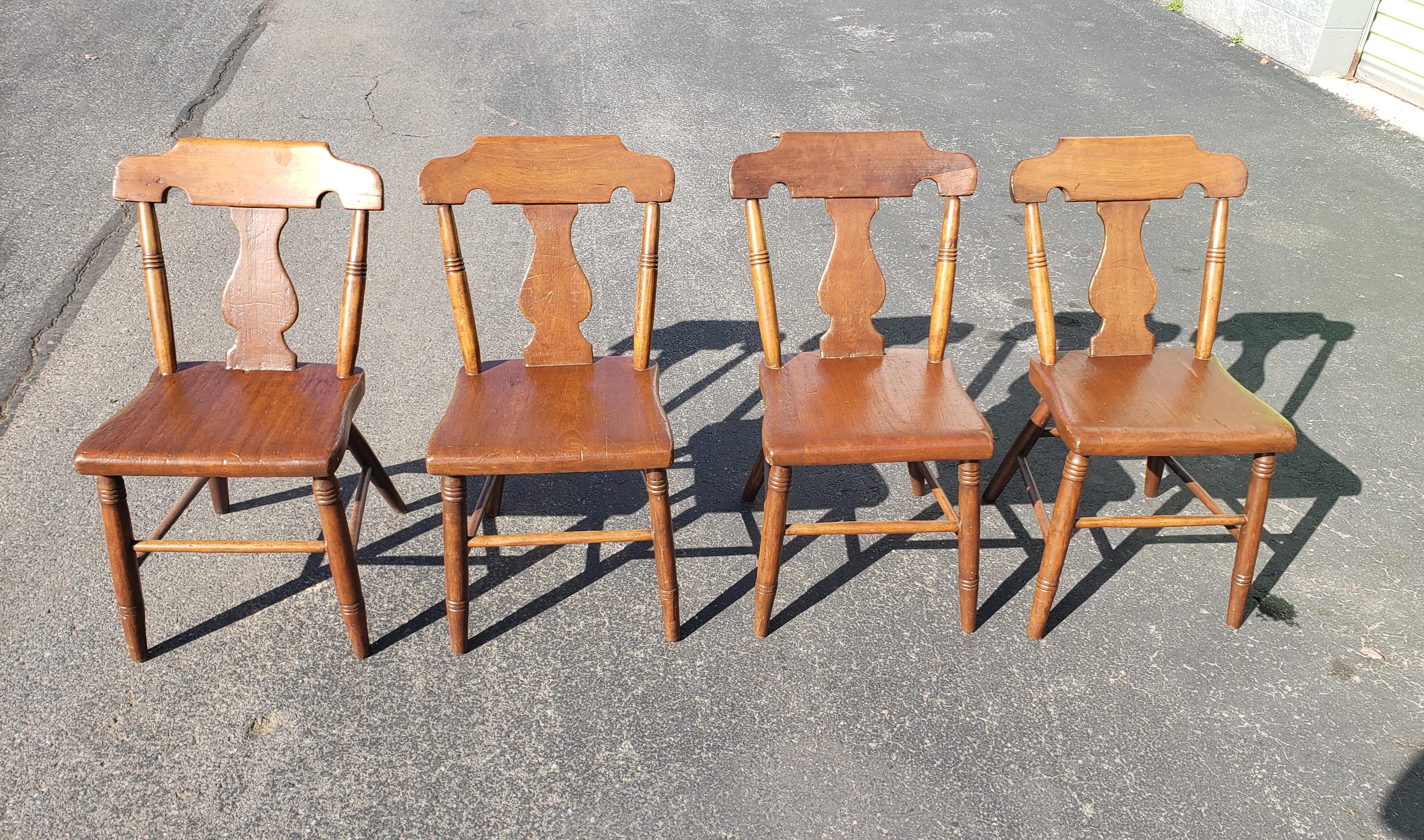 American Colonial Set of 4 Early American Yew Wood Side Chairs, circa 1840s For Sale