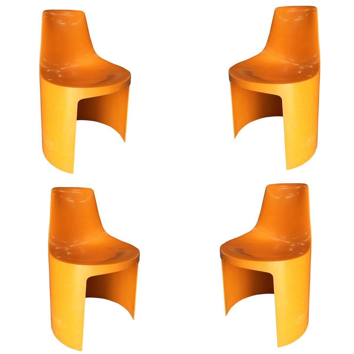Set of 4 Early Swedish Orange Plastic Stacking Side Chairs by Overman