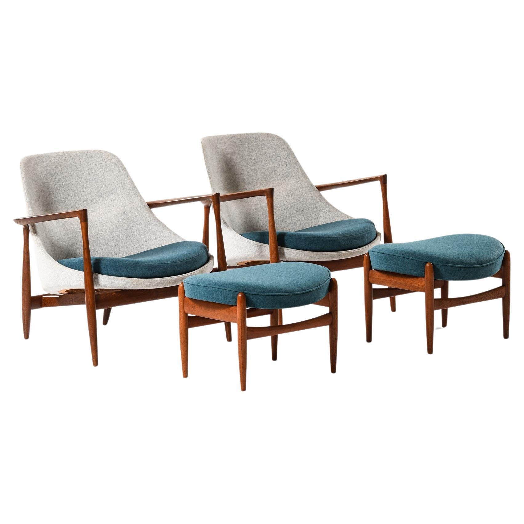 Ensemble de 4 fauteuils en laine et teck par Ib Kofod-Larsen, 1956