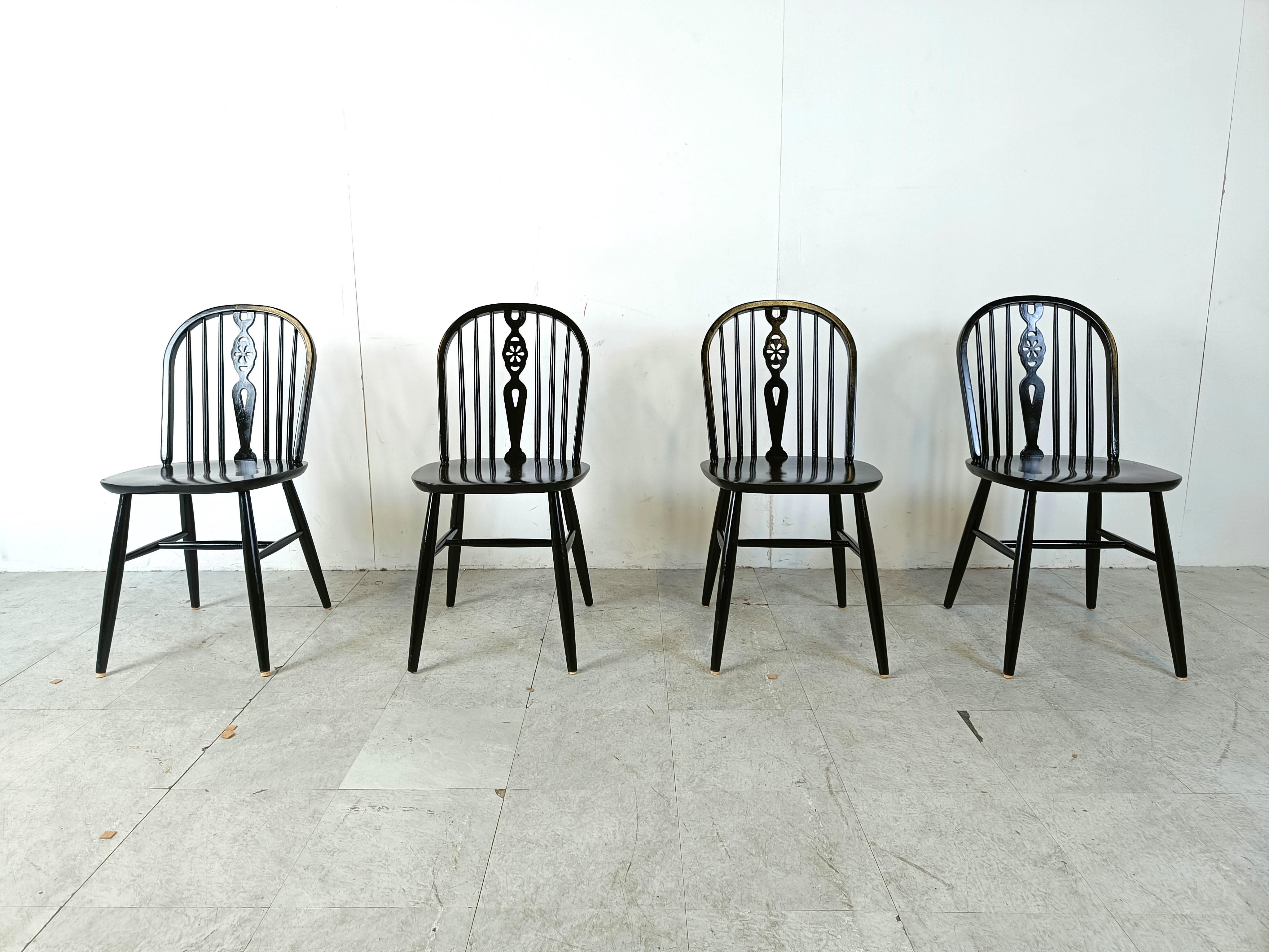 Neoclassical Set of 4 ebonized Ercol Dining Chairs , 1950's For Sale
