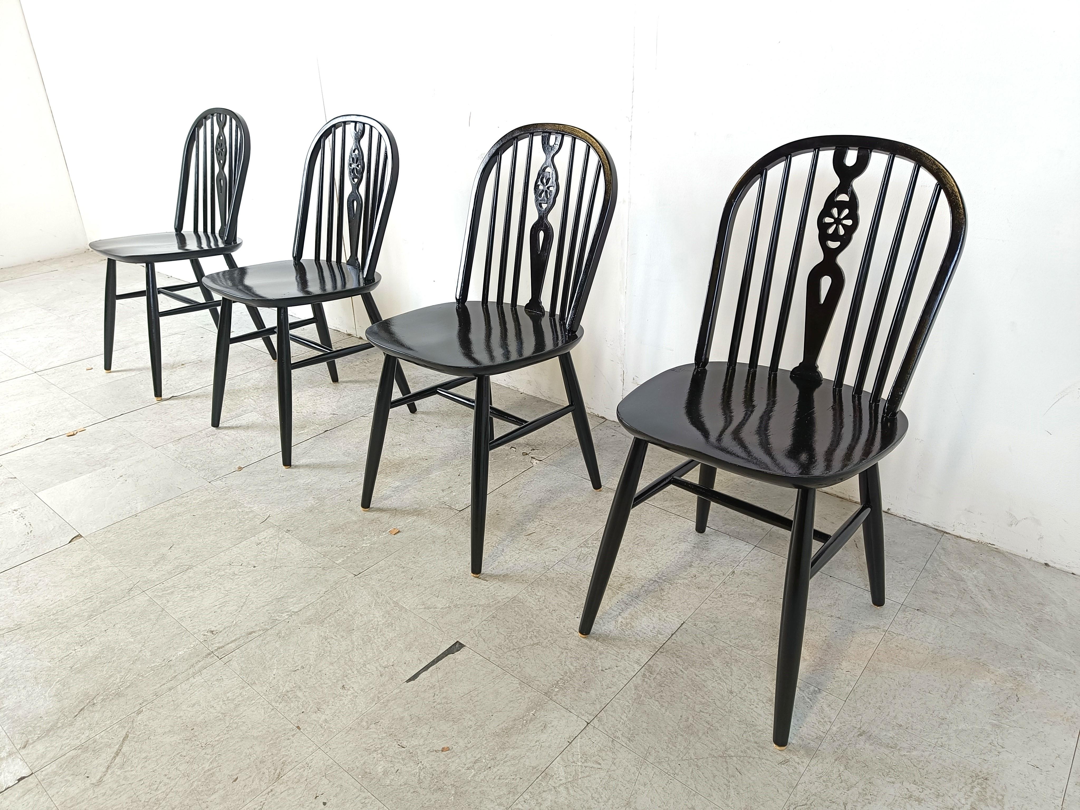 British Set of 4 ebonized Ercol Dining Chairs , 1950's For Sale