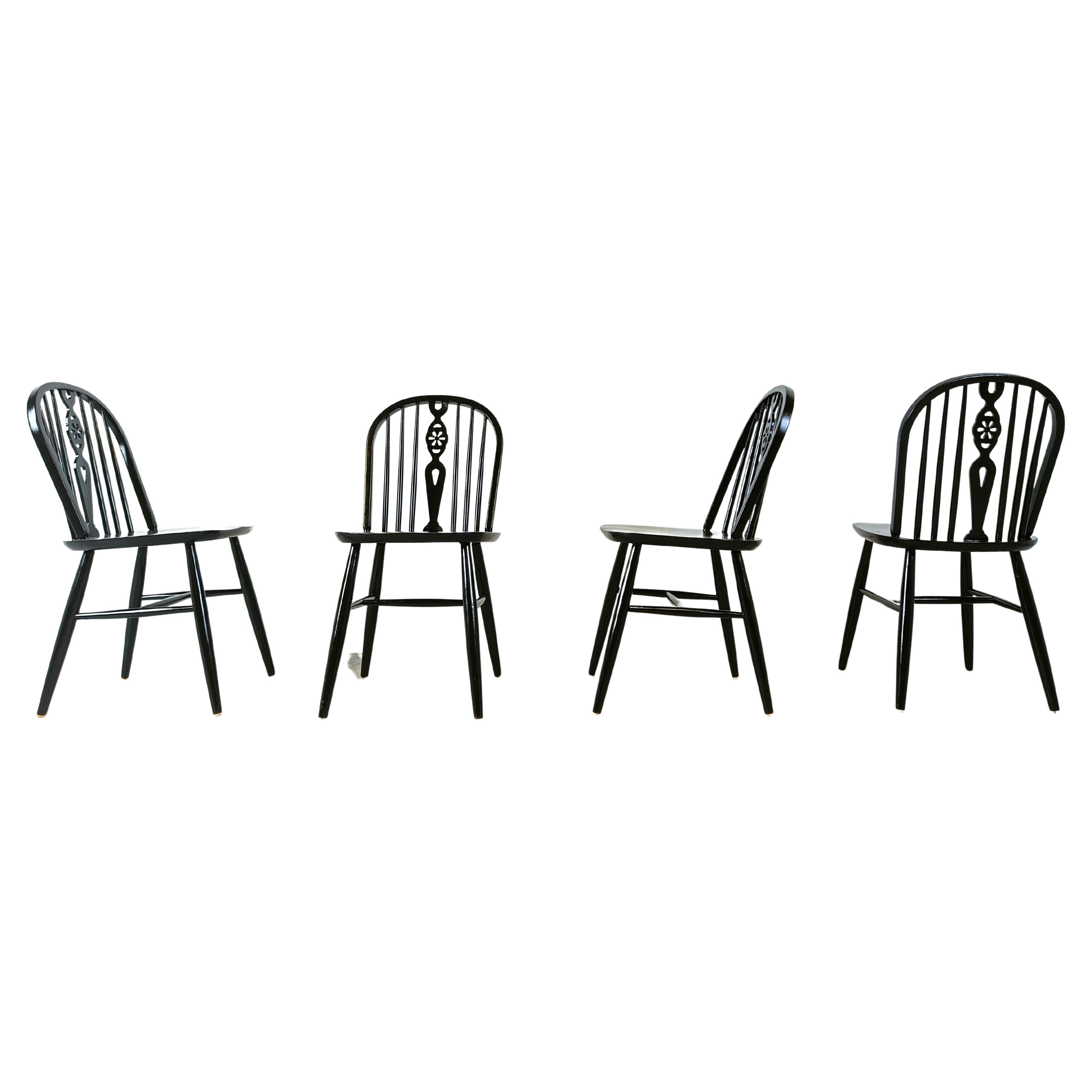 Set of 4 ebonized Ercol Dining Chairs , 1950's For Sale