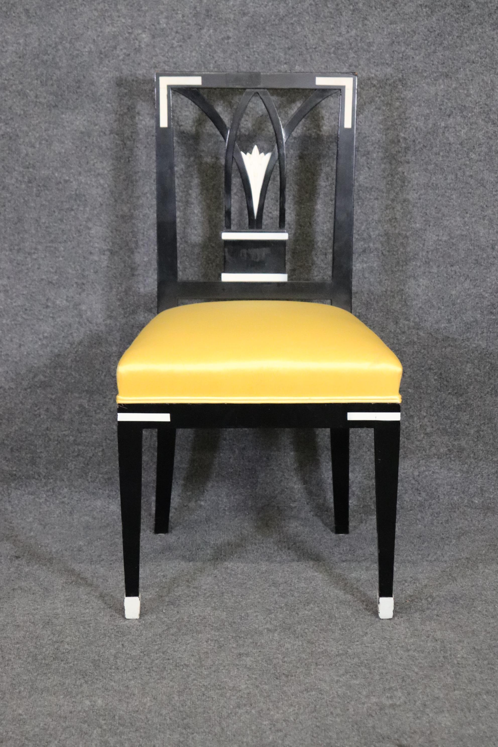 Walnut Set of 4 Ebonized French Art Deco Style Dining Chairs in Yellow Upholstery For Sale