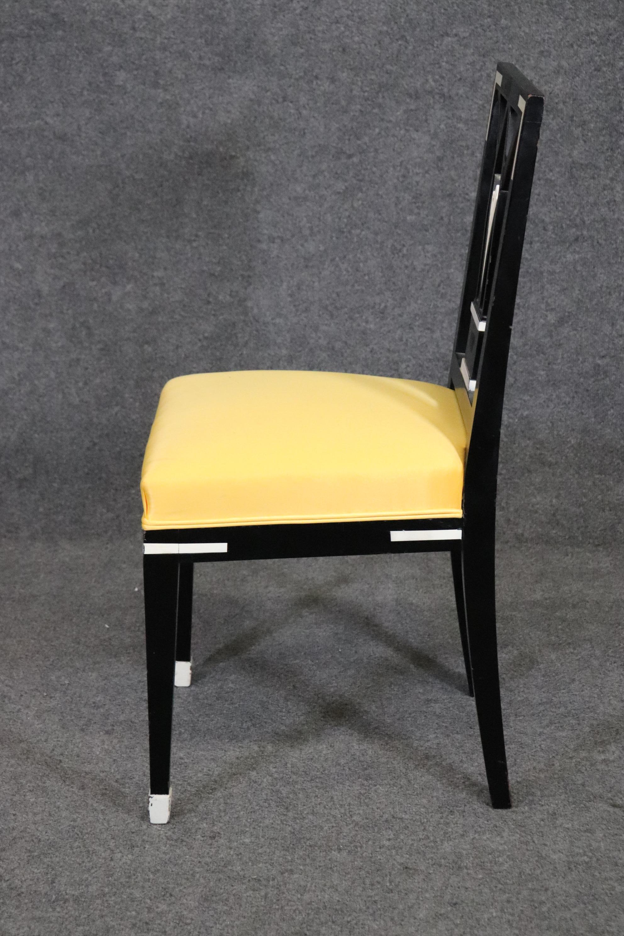Set of 4 Ebonized French Art Deco Style Dining Chairs in Yellow Upholstery For Sale 2