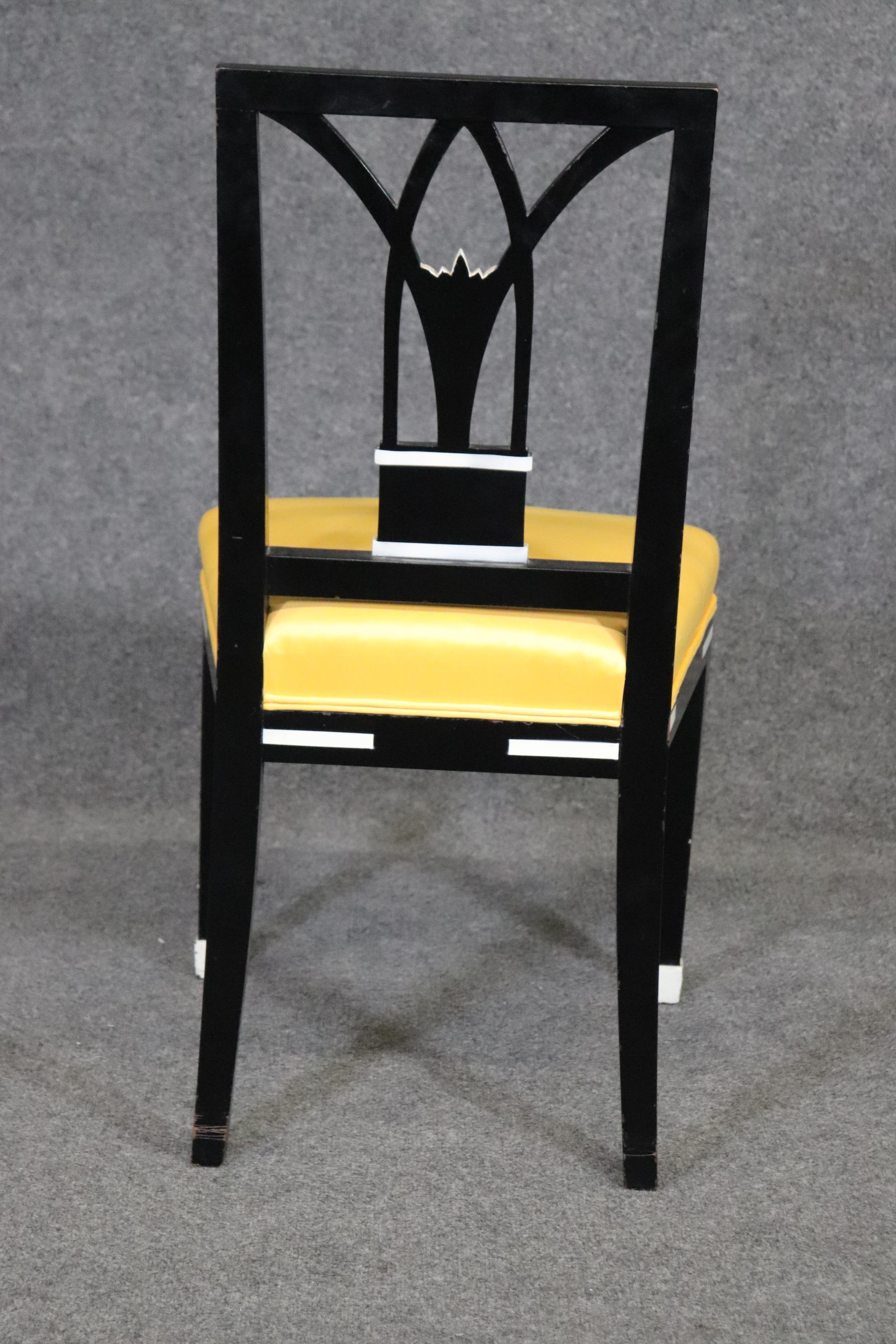 Set of 4 Ebonized French Art Deco Style Dining Chairs in Yellow Upholstery For Sale 3