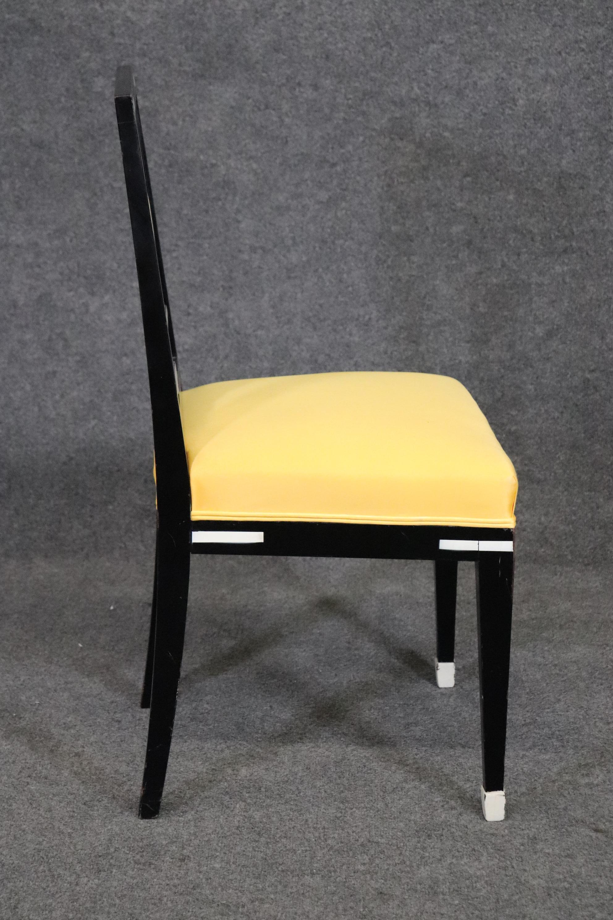 Set of 4 Ebonized French Art Deco Style Dining Chairs in Yellow Upholstery For Sale 4