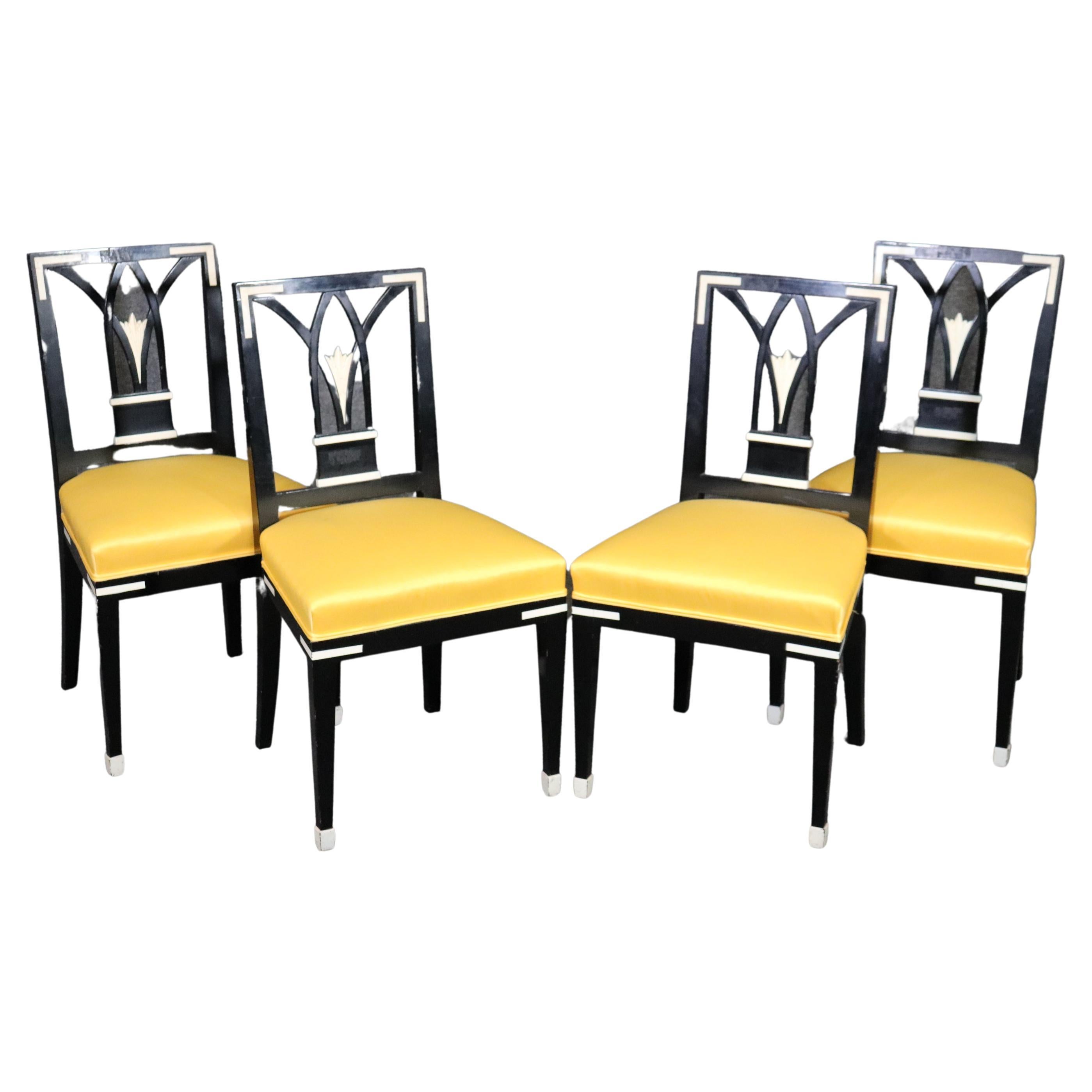 Set of 4 Ebonized French Art Deco Style Dining Chairs in Yellow Upholstery For Sale