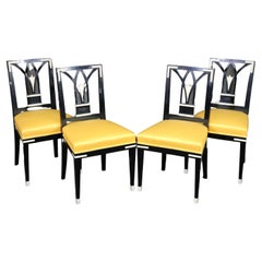 Set of 4 Ebonized French Art Deco Style Dining Chairs in Yellow Upholstery
