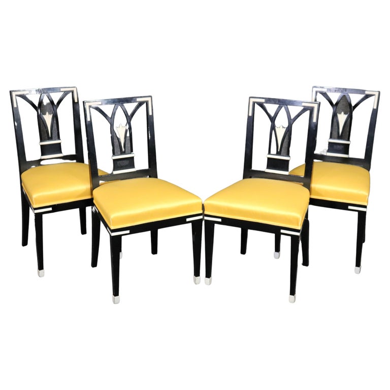 Set of 4 Ebonized French Art Deco Style Dining Chairs in Yellow