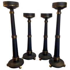 Set of 4 Ebonized Oak Art Deco Candle Pedestals with Brass Feel and Detail