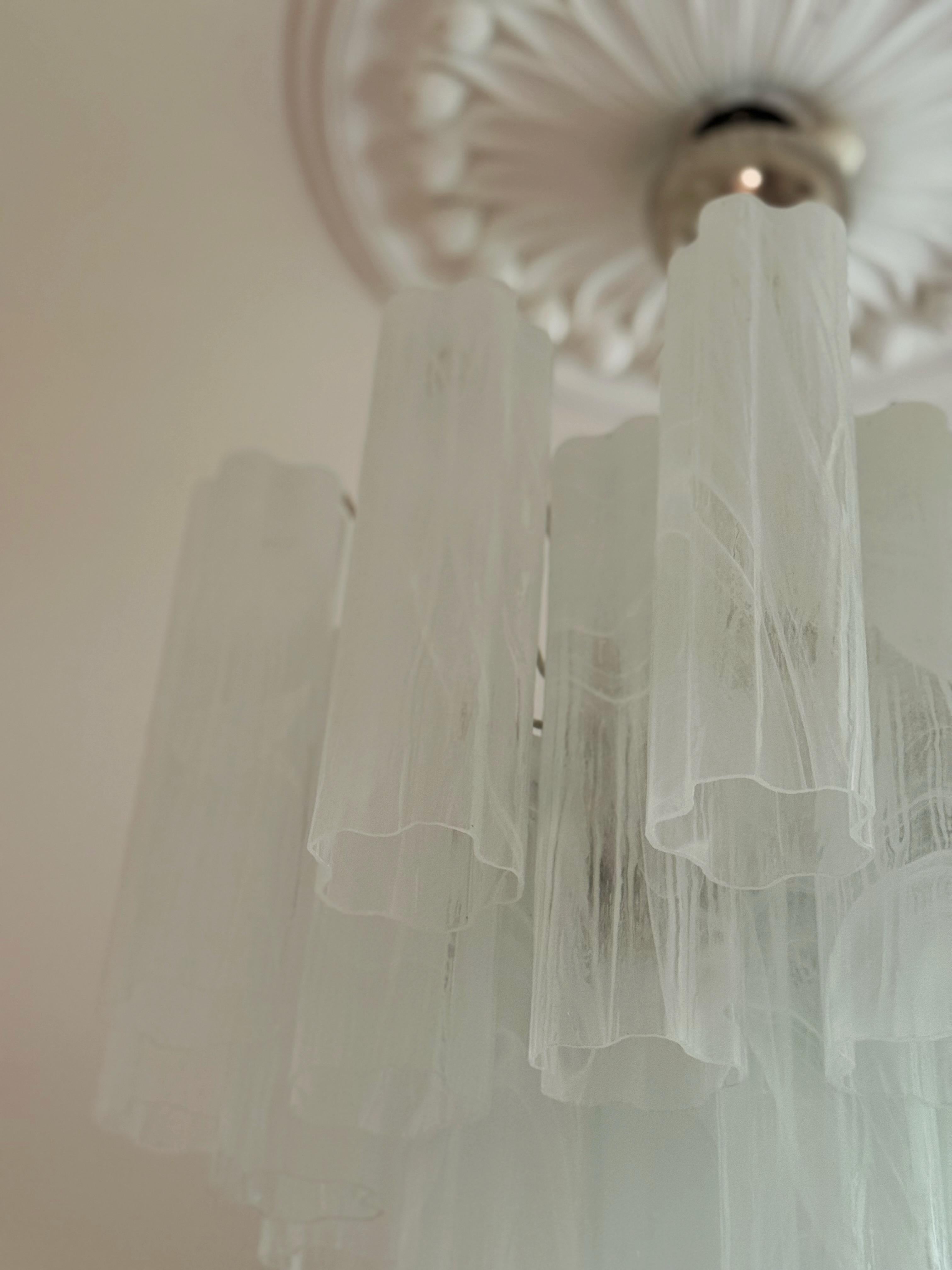 Glass Set of 4 Eclectic White Murano Chandeliers Tronchi - Swirled Marbled Pattern For Sale