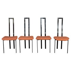 Set of 4 Eclectic Chairs Black Lacquered Metal with Orange Padded Seat, 1970s