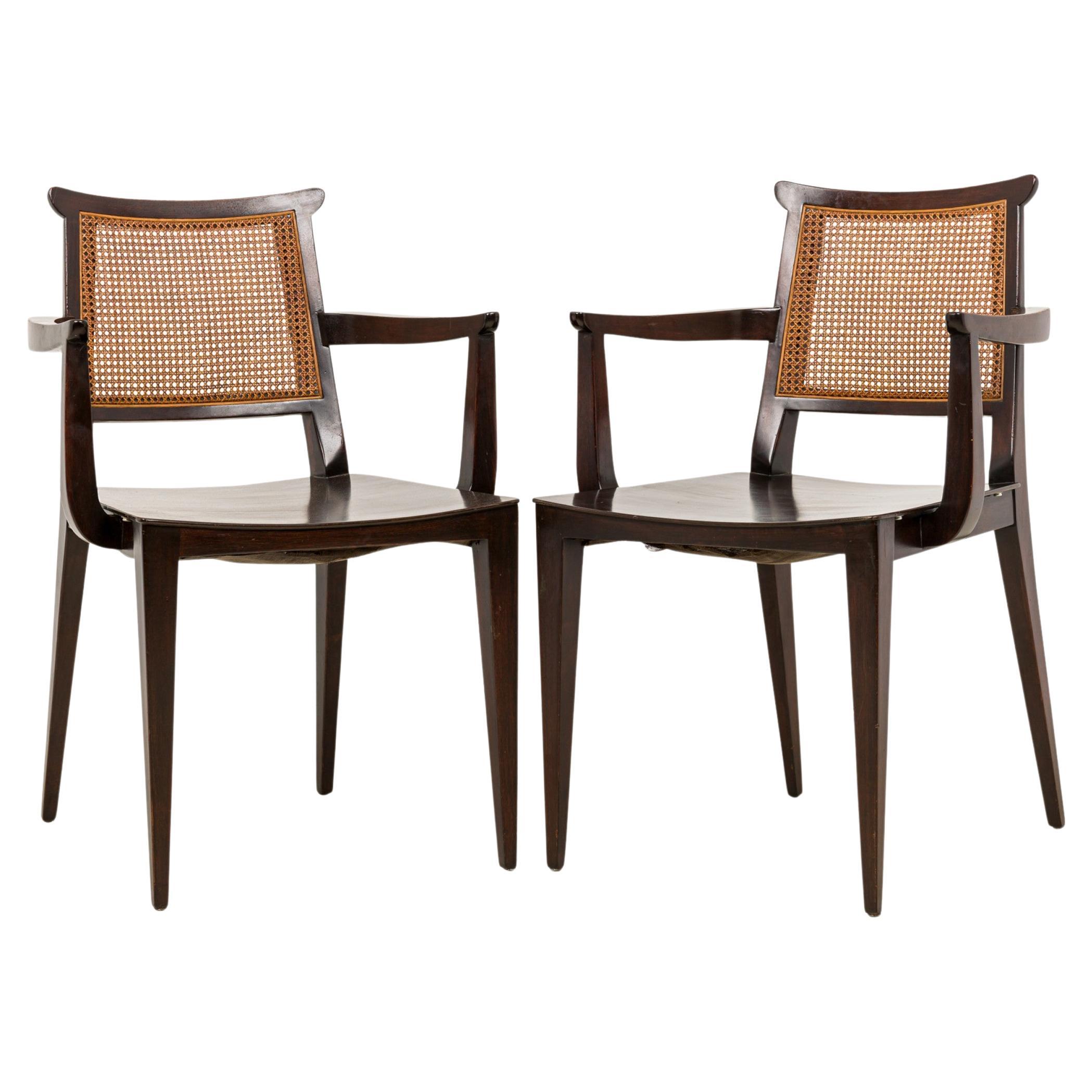 Set of 4 Edward Wormley for Dunbar Mid-Century Caned Back Wooden Dining Armchair For Sale