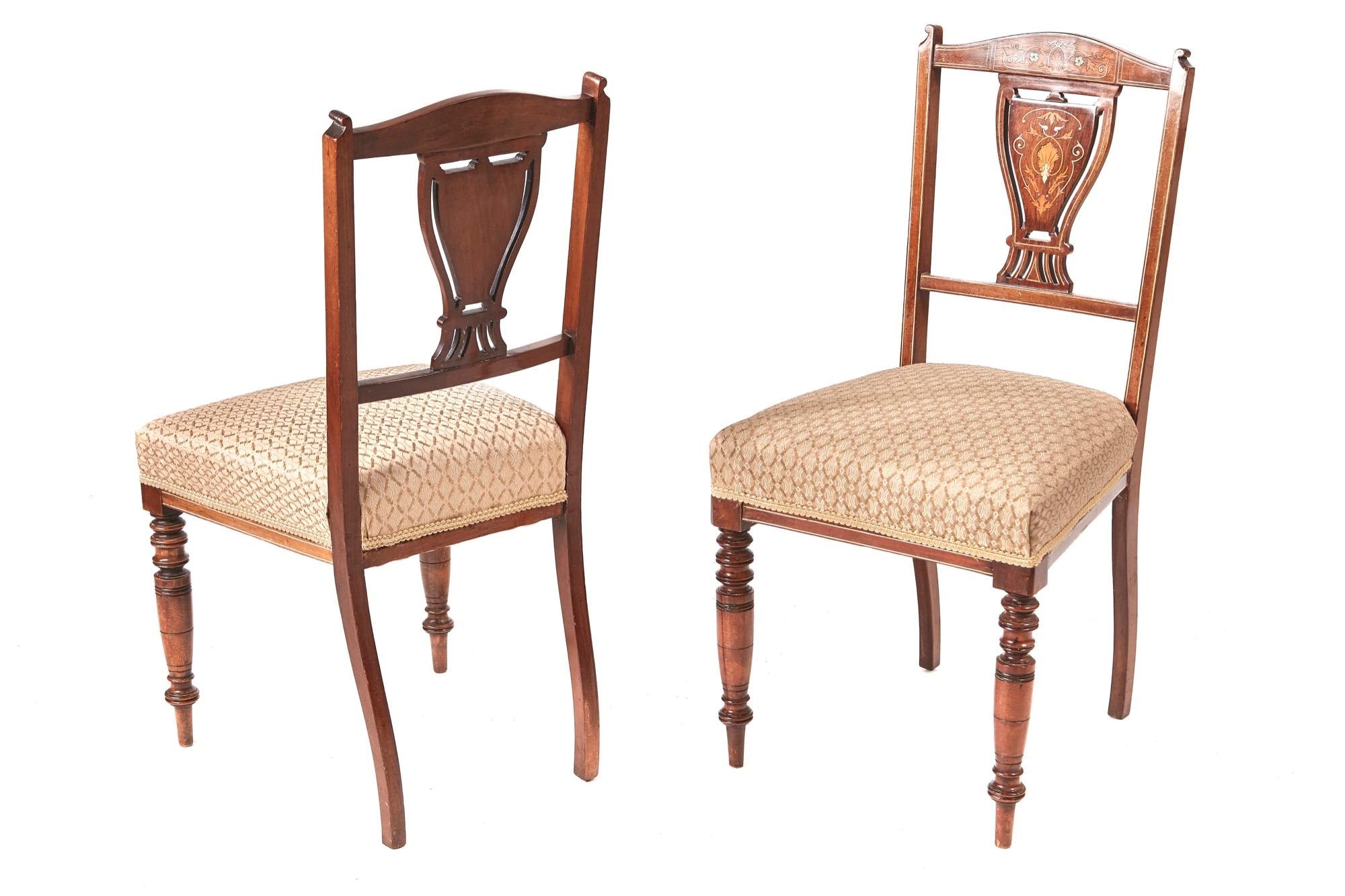 Set of four Edwardian rosewood inlaid dining chairs, having a lovely inlaid shaped top, inlaid shaped splat, standing on turned legs to the front outswept back legs, newly recovered seats
Lovely color and condition
Measures: 18