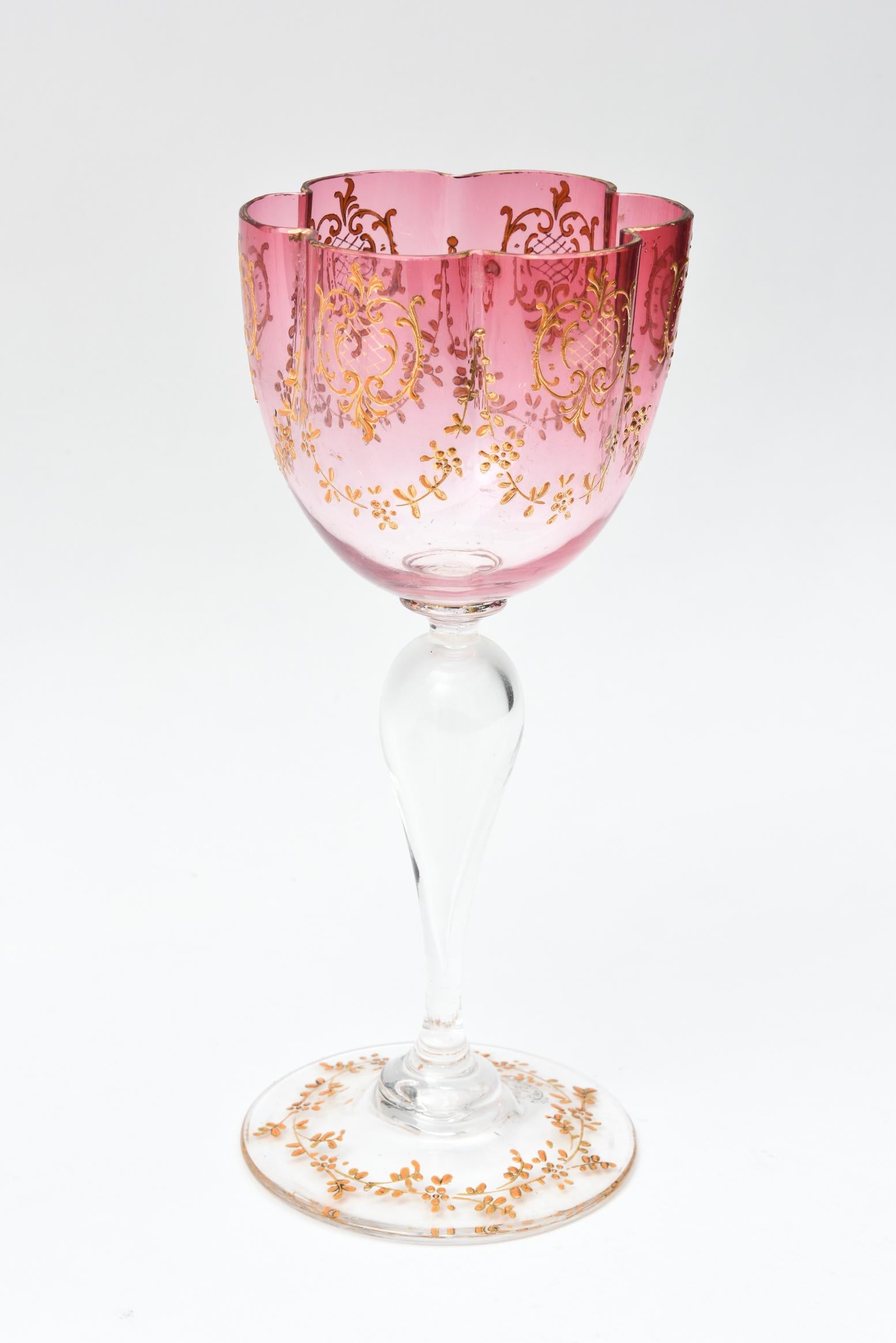Austrian Set of 4 Elaborate Antique Moser Ruby Gilt Wine Goblets