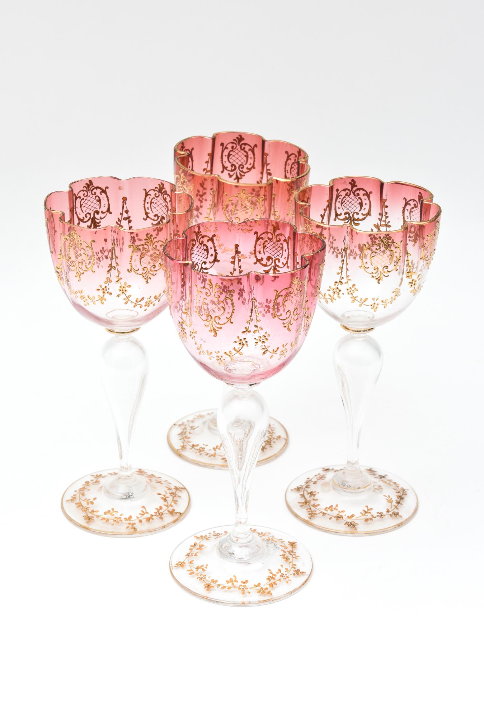 Early 20th Century Set of 4 Elaborate Antique Moser Ruby Gilt Wine Goblets