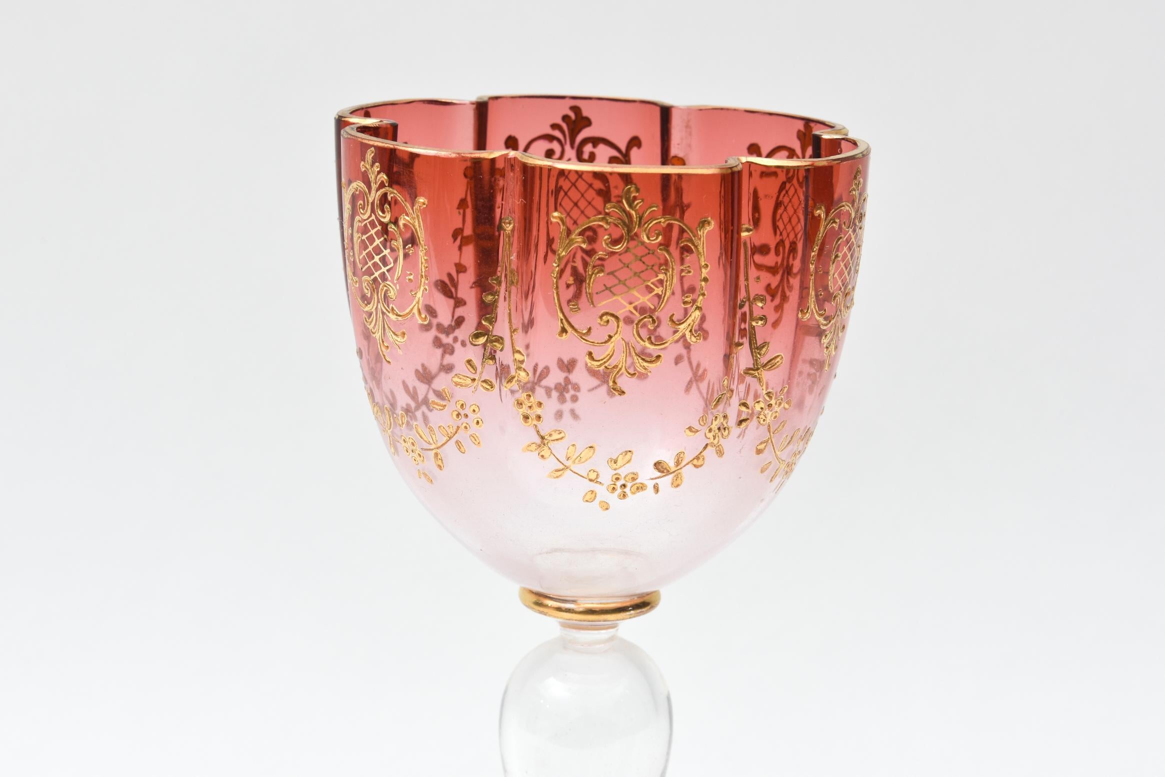 Gold Set of 4 Elaborate Antique Moser Ruby Gilt Wine Goblets