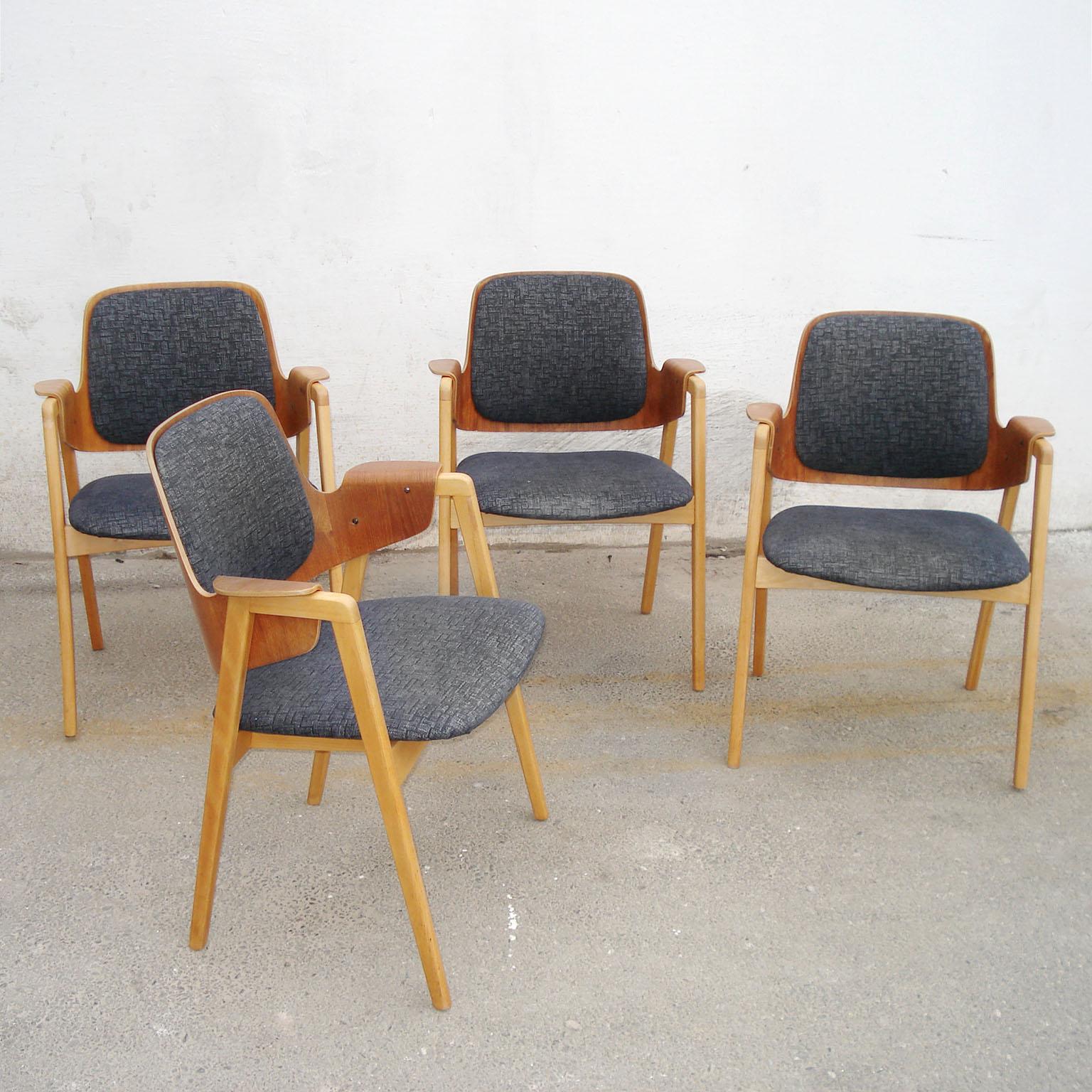 Mid-Century Modern Scandinavian set of four armchairs designed by Elias Barup for Gärsnäs, 1950s.
Armchairs in teak and beech with original upholstery. Very good used condition, with expected patina and wear of time to the armrests. Original labels