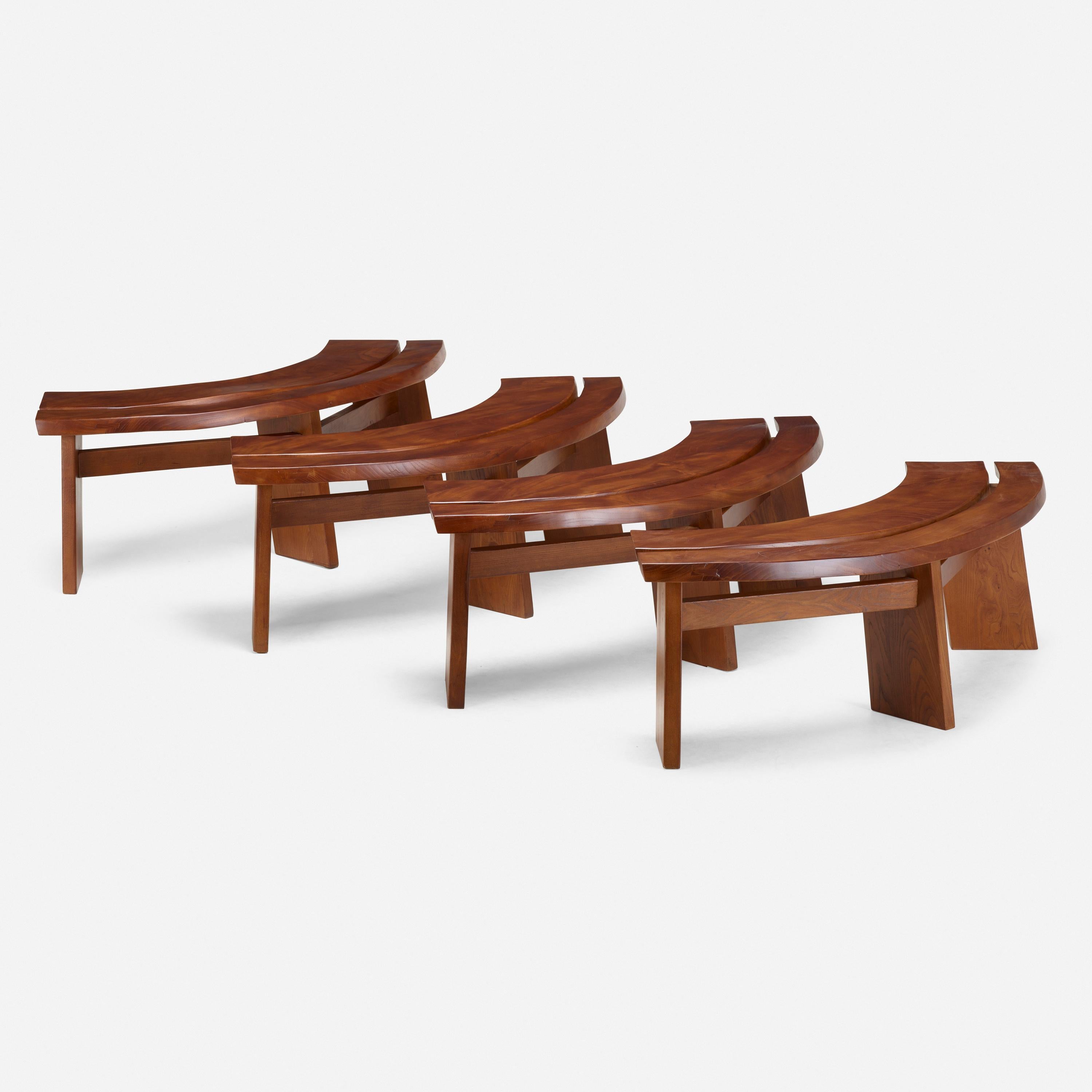 French Set of 4 Elm Curved Benches Model S38 by Pierre Chapo For Sale